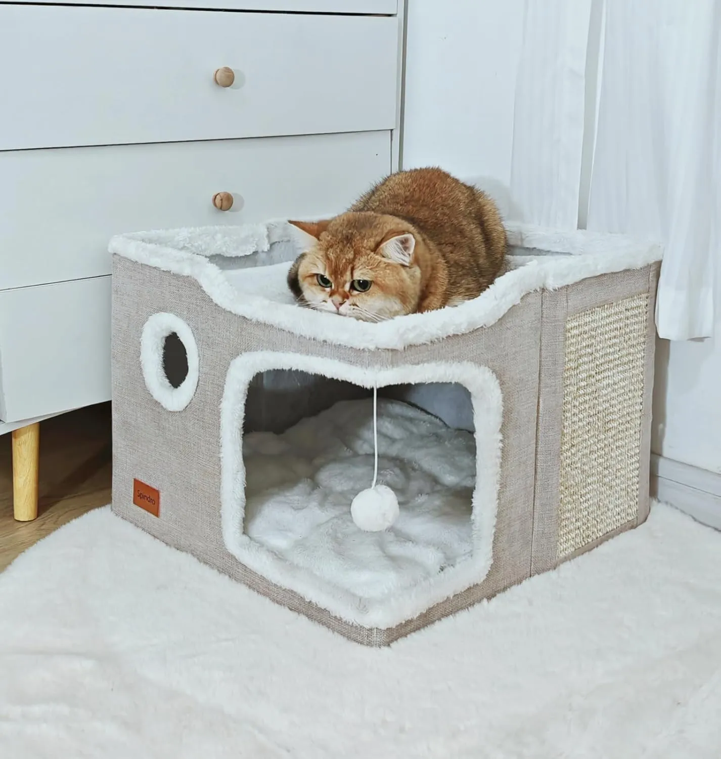 Large Cat Cave Bed for Indoor Cats, Foldable Pet House Cube with Scratch Pad, Kitten Condo Cat Hideaway Cute Hut with Soft Pillow Mat, Beige,17x17x13 inches