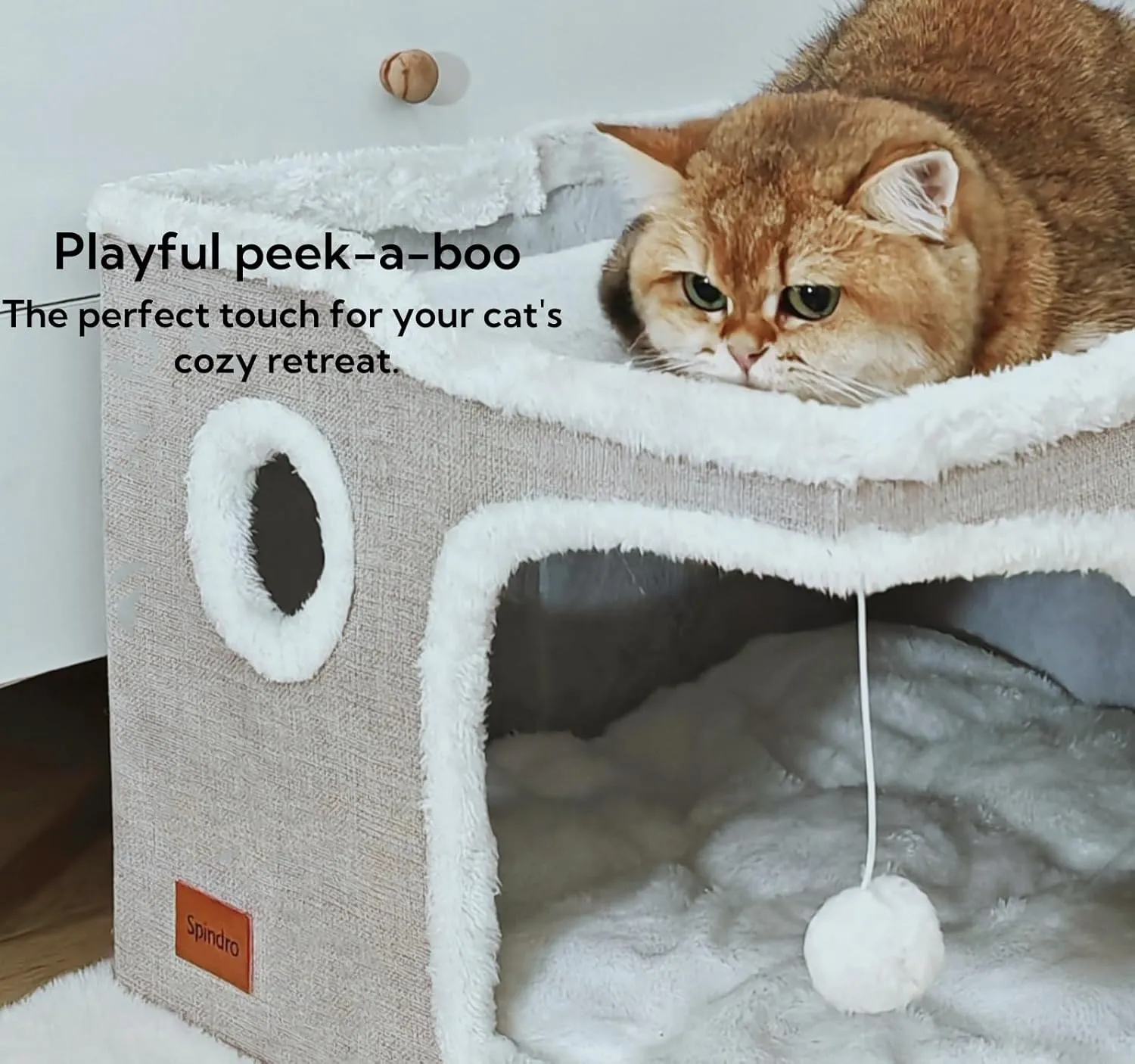 Large Cat Cave Bed for Indoor Cats, Foldable Pet House Cube with Scratch Pad, Kitten Condo Cat Hideaway Cute Hut with Soft Pillow Mat, Beige,17x17x13 inches