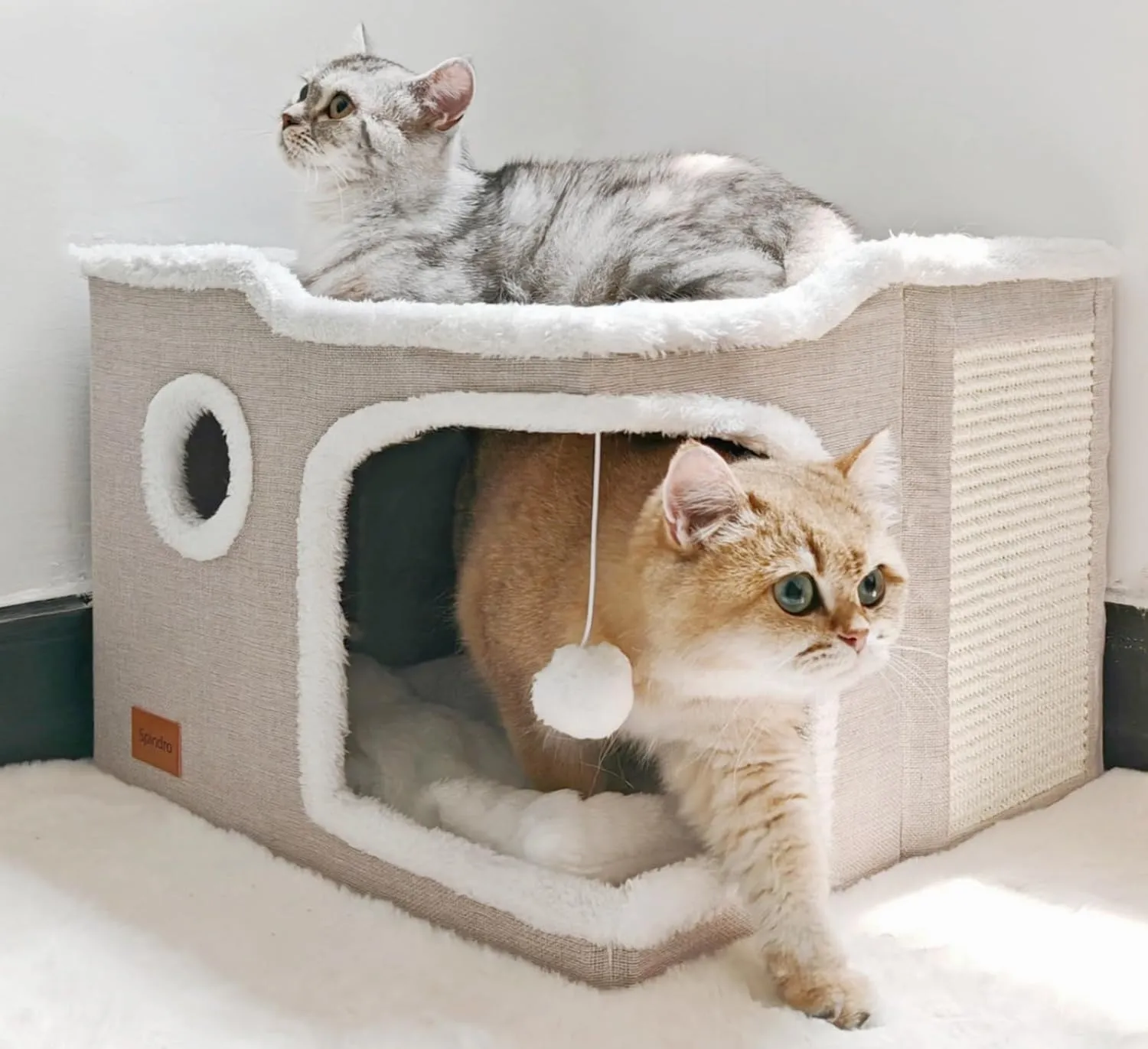 Large Cat Cave Bed for Indoor Cats, Foldable Pet House Cube with Scratch Pad, Kitten Condo Cat Hideaway Cute Hut with Soft Pillow Mat, Beige,17x17x13 inches