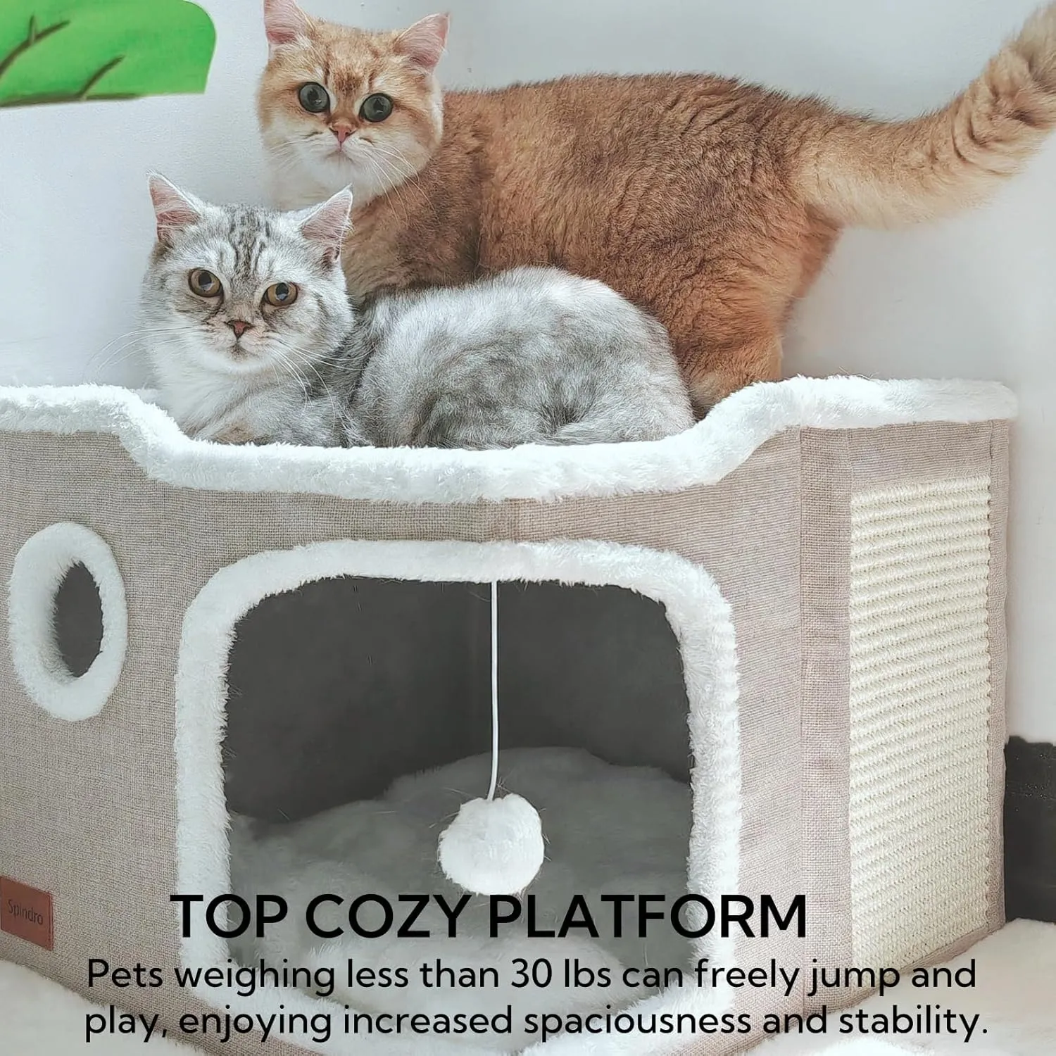 Large Cat Cave Bed for Indoor Cats, Foldable Pet House Cube with Scratch Pad, Kitten Condo Cat Hideaway Cute Hut with Soft Pillow Mat, Beige,17x17x13 inches