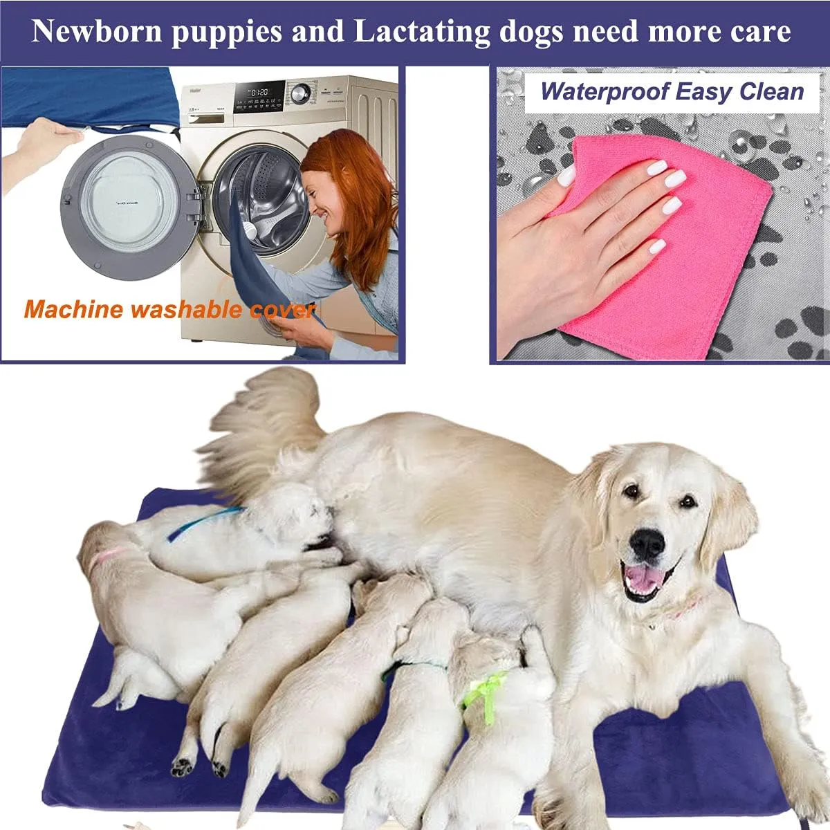 Large Dog Cat Heated Bed 34" x 21" Electric Heating Pad with Soft Washable Cover, Water Resistant, Chew Resistant Cord