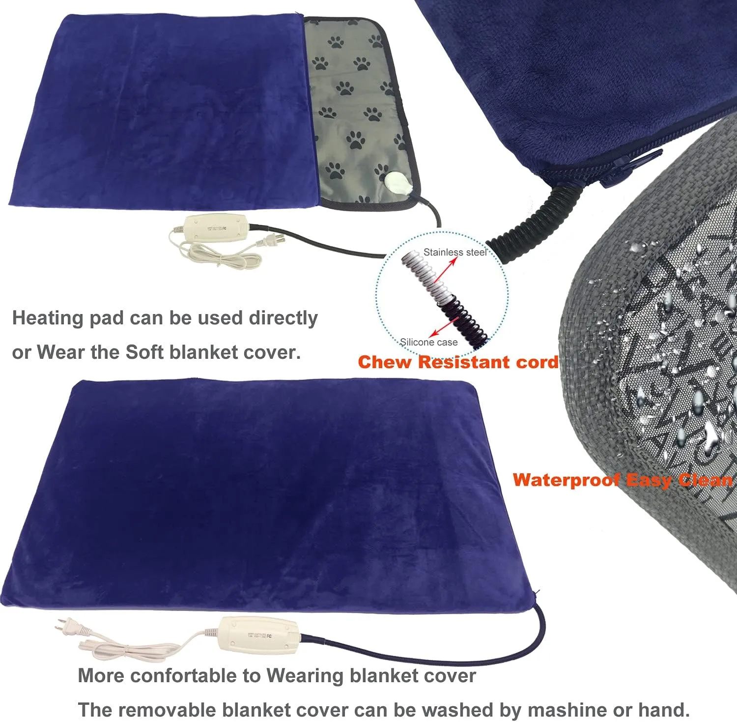Large Dog Cat Heated Bed 34" x 21" Electric Heating Pad with Soft Washable Cover, Water Resistant, Chew Resistant Cord