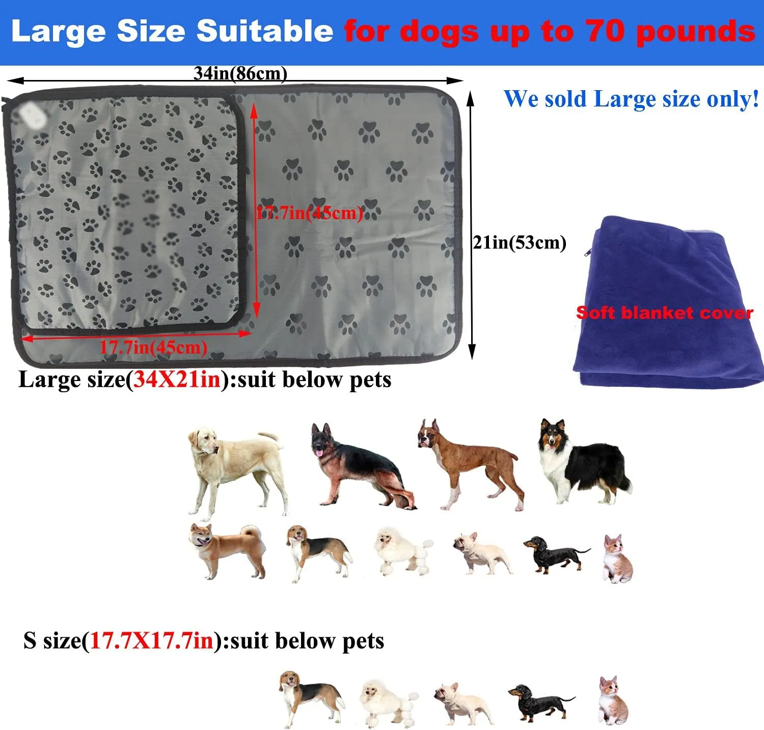 Large Dog Cat Heated Bed 34" x 21" Electric Heating Pad with Soft Washable Cover, Water Resistant, Chew Resistant Cord