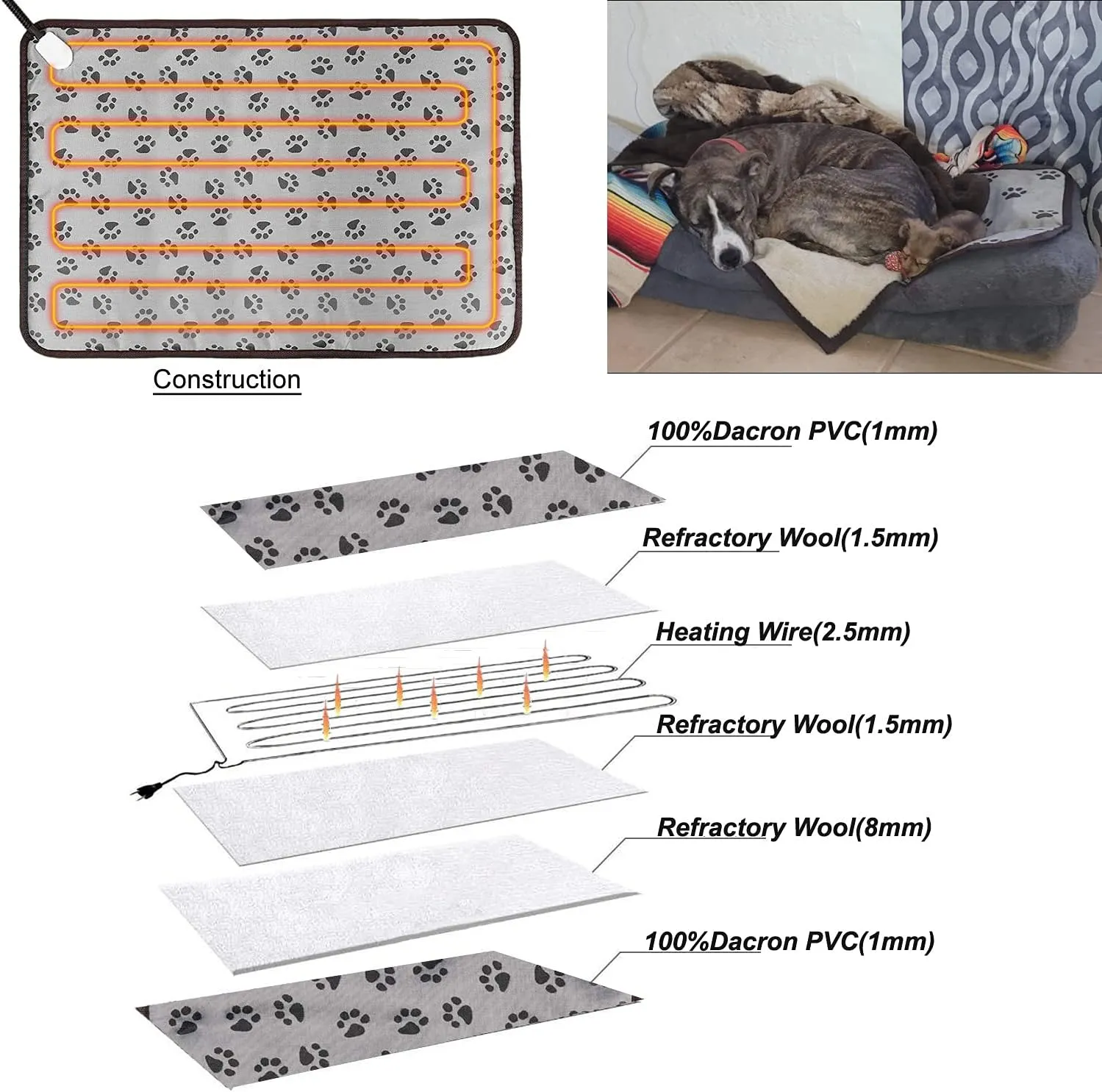 Large Dog Cat Heated Bed 34" x 21" Electric Heating Pad with Soft Washable Cover, Water Resistant, Chew Resistant Cord