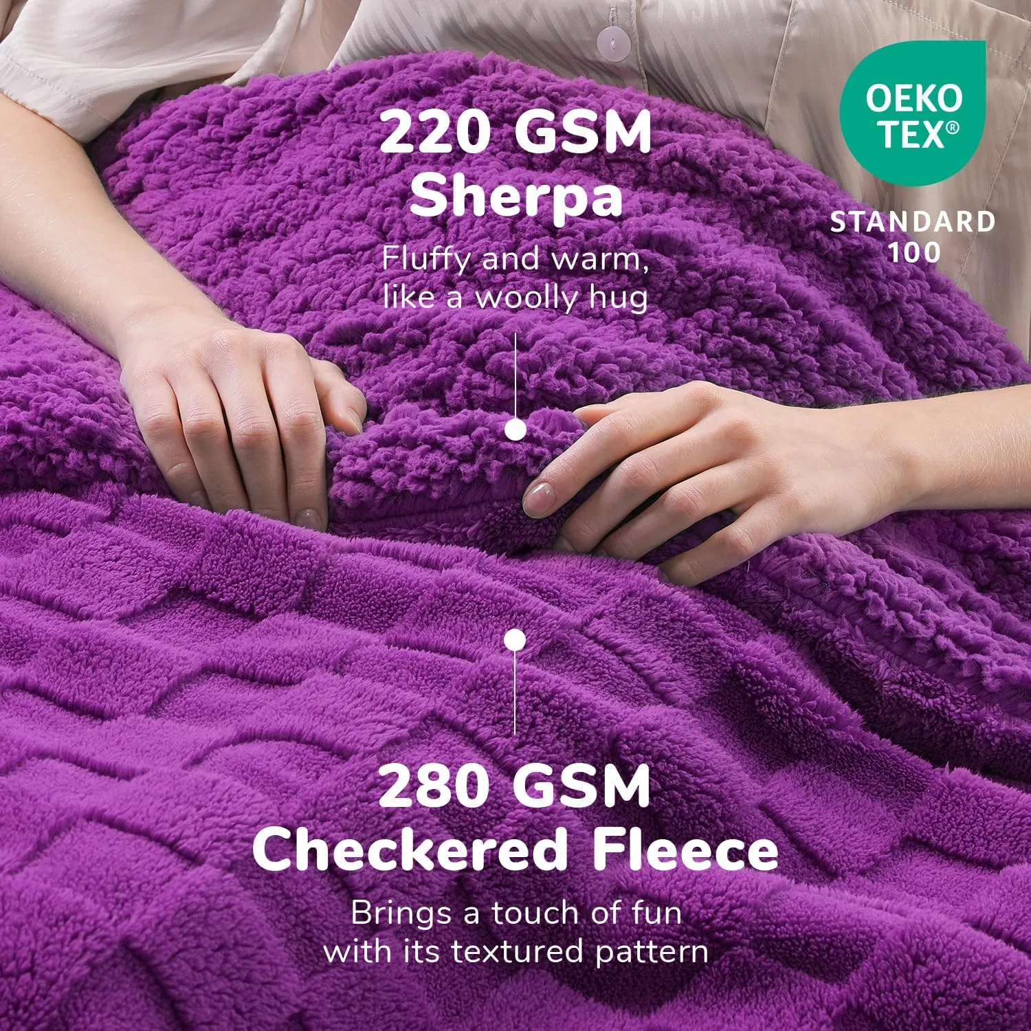 Lessymo Fleece Throw Blanket for Couch, Jacquard Sherpa Checkered Throw Blanket for Women, Soft Fuzzy Cozy Fall Blanket for Living Room All Season Use, Christmas Bed Blanket, 50x60 inches, Purple