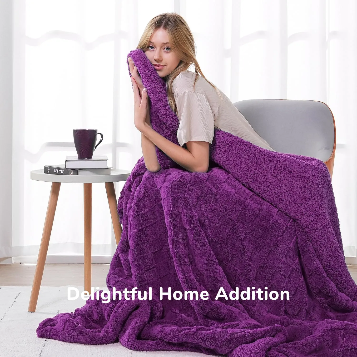 Lessymo Fleece Throw Blanket for Couch, Jacquard Sherpa Checkered Throw Blanket for Women, Soft Fuzzy Cozy Fall Blanket for Living Room All Season Use, Christmas Bed Blanket, 50x60 inches, Purple