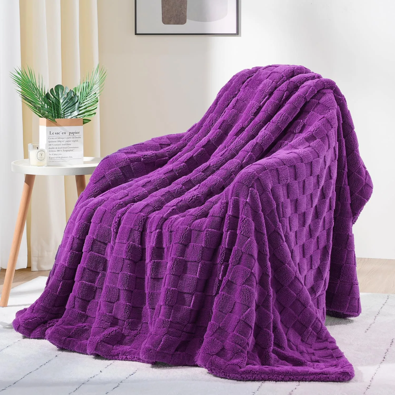 Lessymo Fleece Throw Blanket for Couch, Jacquard Sherpa Checkered Throw Blanket for Women, Soft Fuzzy Cozy Fall Blanket for Living Room All Season Use, Christmas Bed Blanket, 50x60 inches, Purple