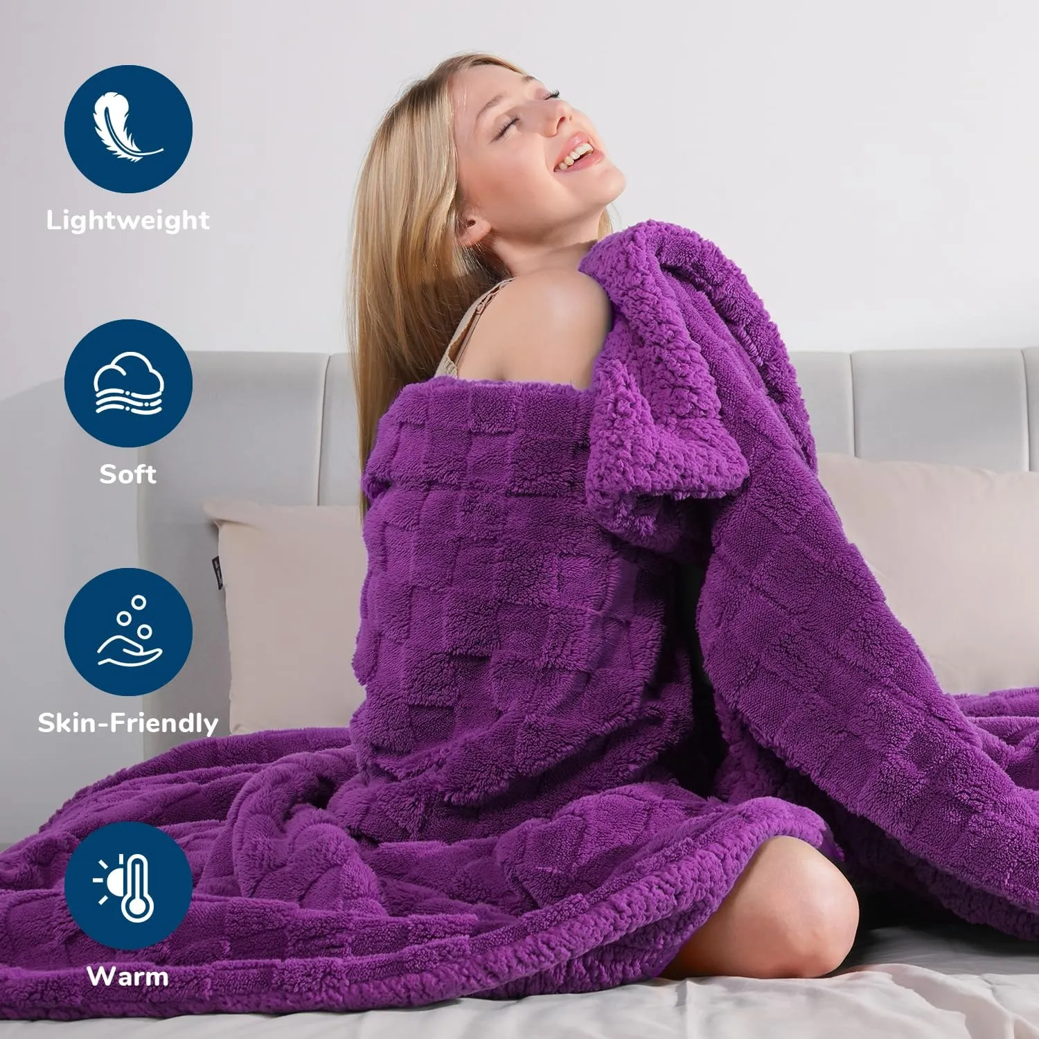 Lessymo Fleece Throw Blanket for Couch, Jacquard Sherpa Checkered Throw Blanket for Women, Soft Fuzzy Cozy Fall Blanket for Living Room All Season Use, Christmas Bed Blanket, 50x60 inches, Purple