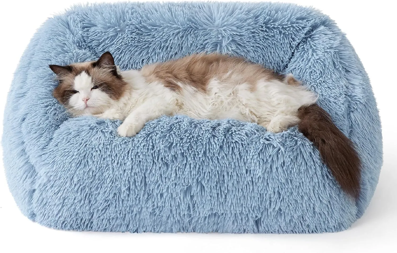 Lesure Cute Cat Bed Indoor - Furry Cat Bed Large, Washable Calming Small Dog Beds for Puppy with Fashion Design, 26x21x9inches, Blue