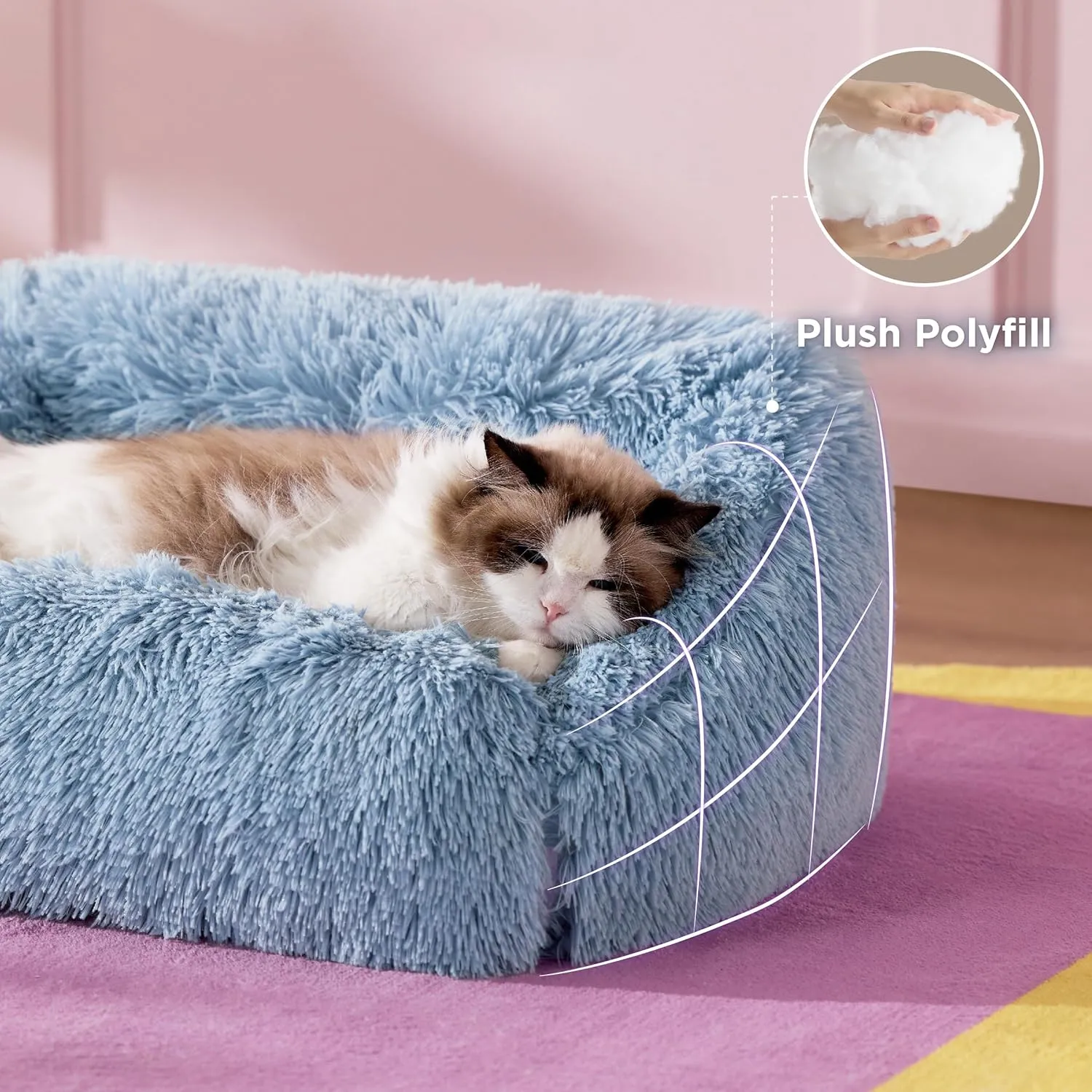 Lesure Cute Cat Bed Indoor - Furry Cat Bed Large, Washable Calming Small Dog Beds for Puppy with Fashion Design, 26x21x9inches, Blue