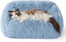 Lesure Cute Cat Bed Indoor - Furry Cat Bed Large, Washable Calming Small Dog Beds for Puppy with Fashion Design, 26x21x9inches, Blue