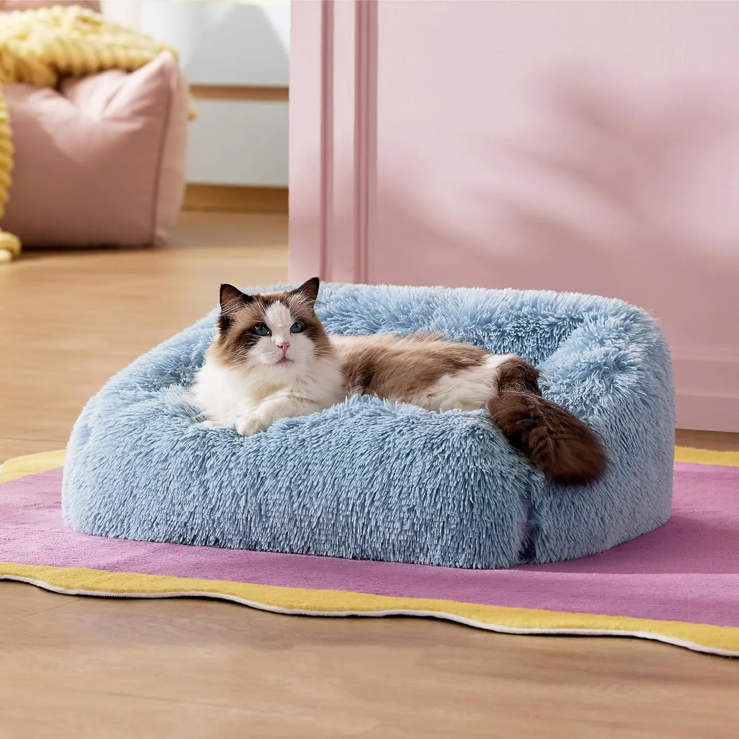 Lesure Cute Cat Bed Indoor - Furry Cat Bed Large, Washable Calming Small Dog Beds for Puppy with Fashion Design, 26x21x9inches, Blue