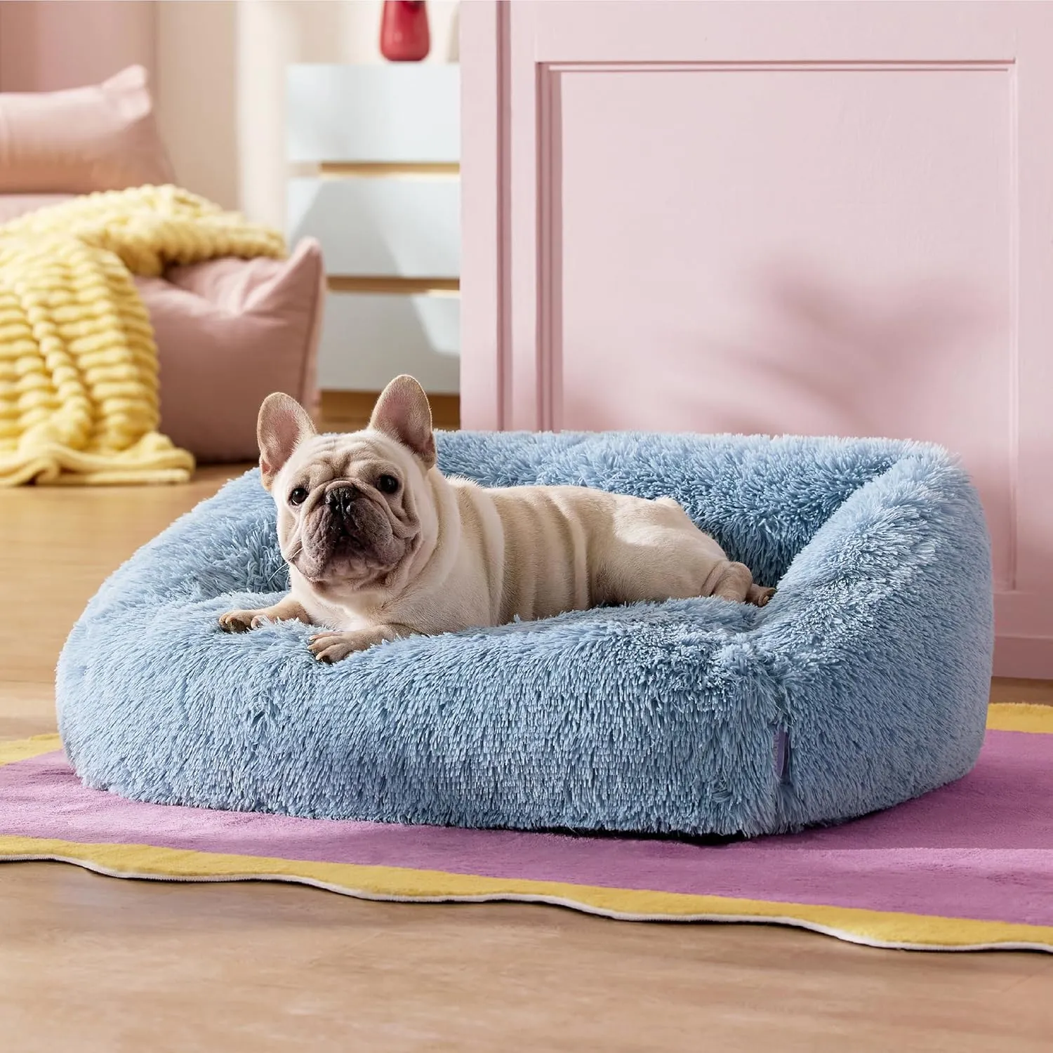 Lesure Cute Cat Bed Indoor - Furry Cat Bed Large, Washable Calming Small Dog Beds for Puppy with Fashion Design, 26x21x9inches, Blue