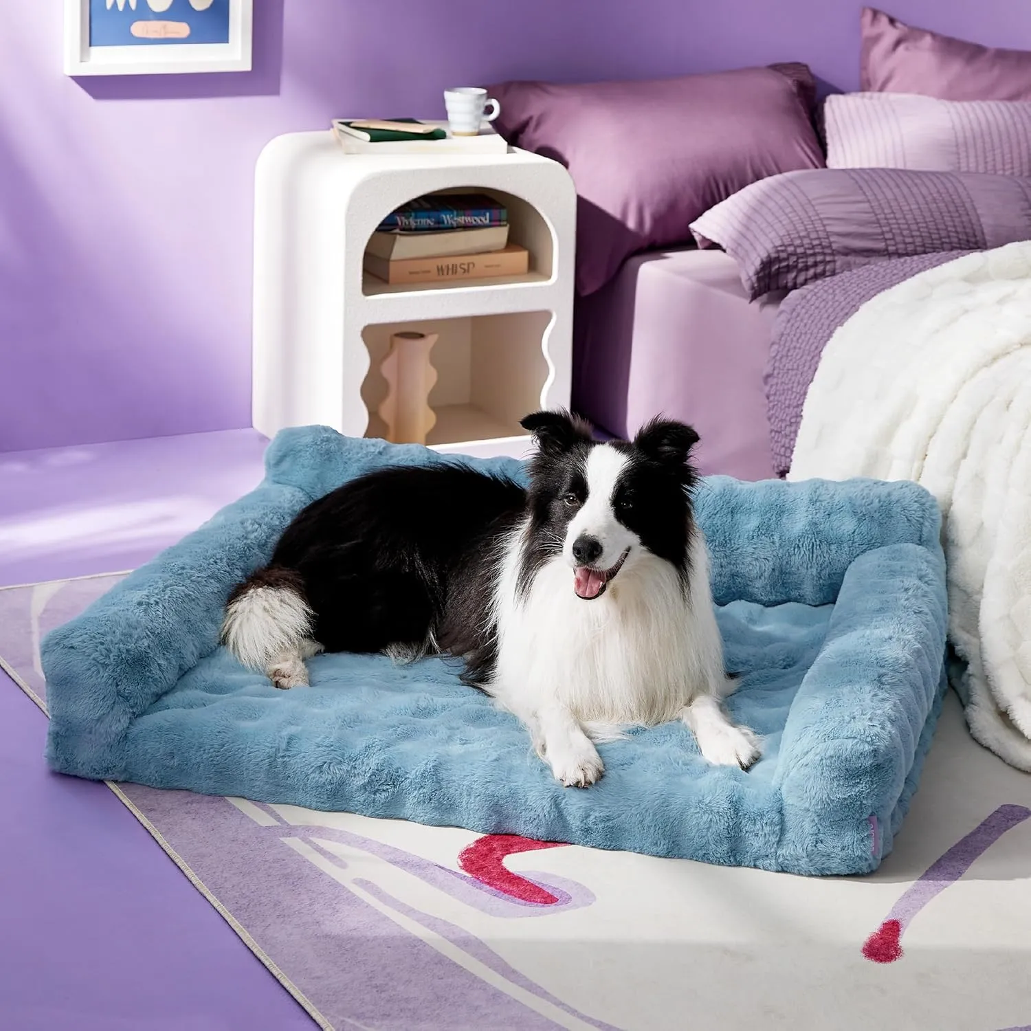 Lesure Orthopedic Bed for Large Dogs, Cute Waterproof Couch with Supportive Egg Foam, Washable Large Cat Sofa, Fluffy Faux Fur Bubble Cover, Non-Slip Bottom Crate Bed, Cerulean