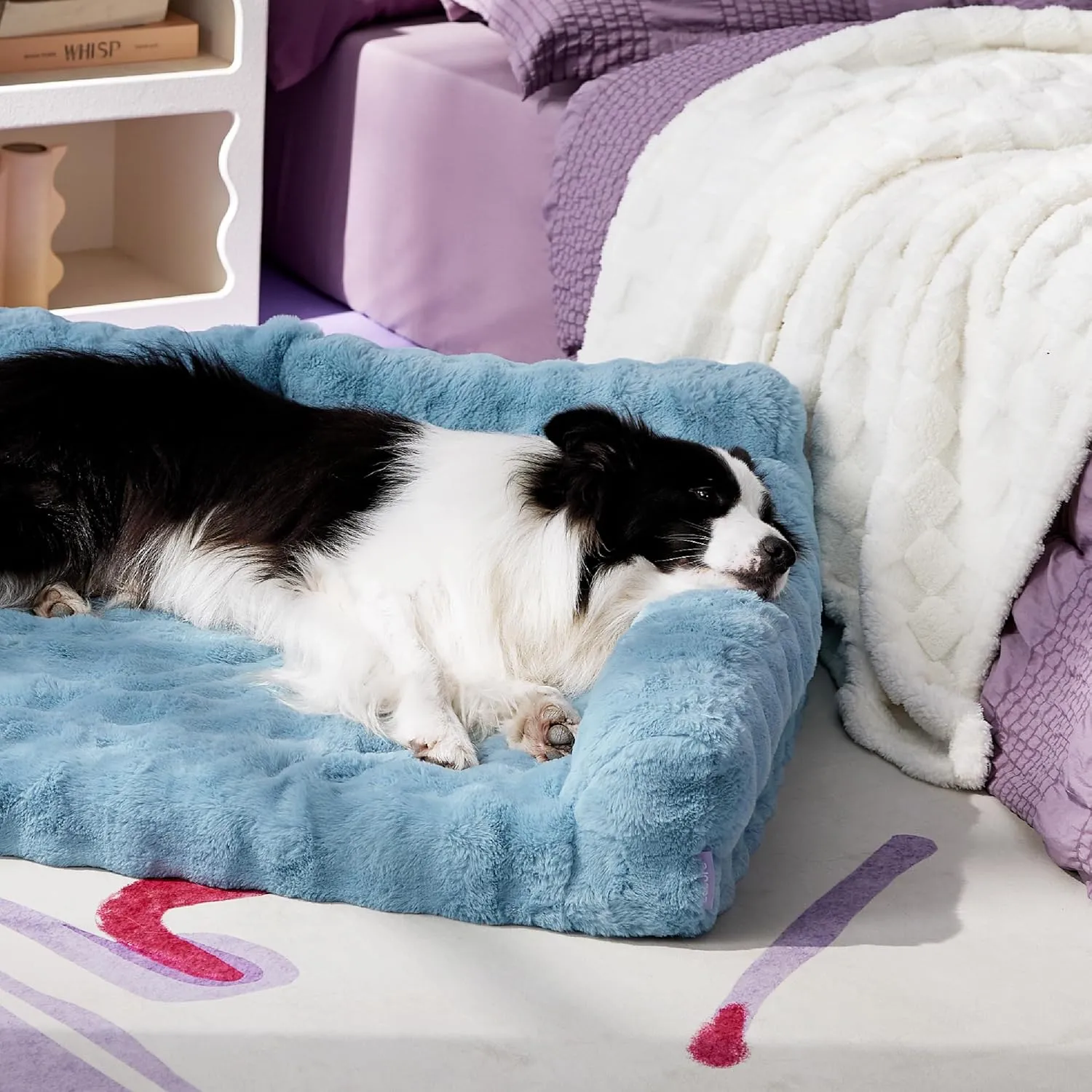Lesure Orthopedic Bed for Large Dogs, Cute Waterproof Couch with Supportive Egg Foam, Washable Large Cat Sofa, Fluffy Faux Fur Bubble Cover, Non-Slip Bottom Crate Bed, Cerulean