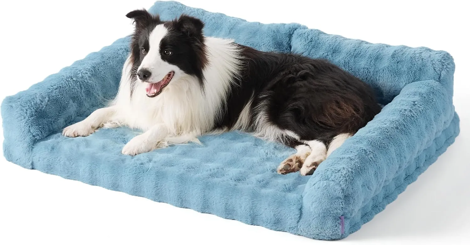 Lesure Orthopedic Bed for Large Dogs, Cute Waterproof Couch with Supportive Egg Foam, Washable Large Cat Sofa, Fluffy Faux Fur Bubble Cover, Non-Slip Bottom Crate Bed, Cerulean