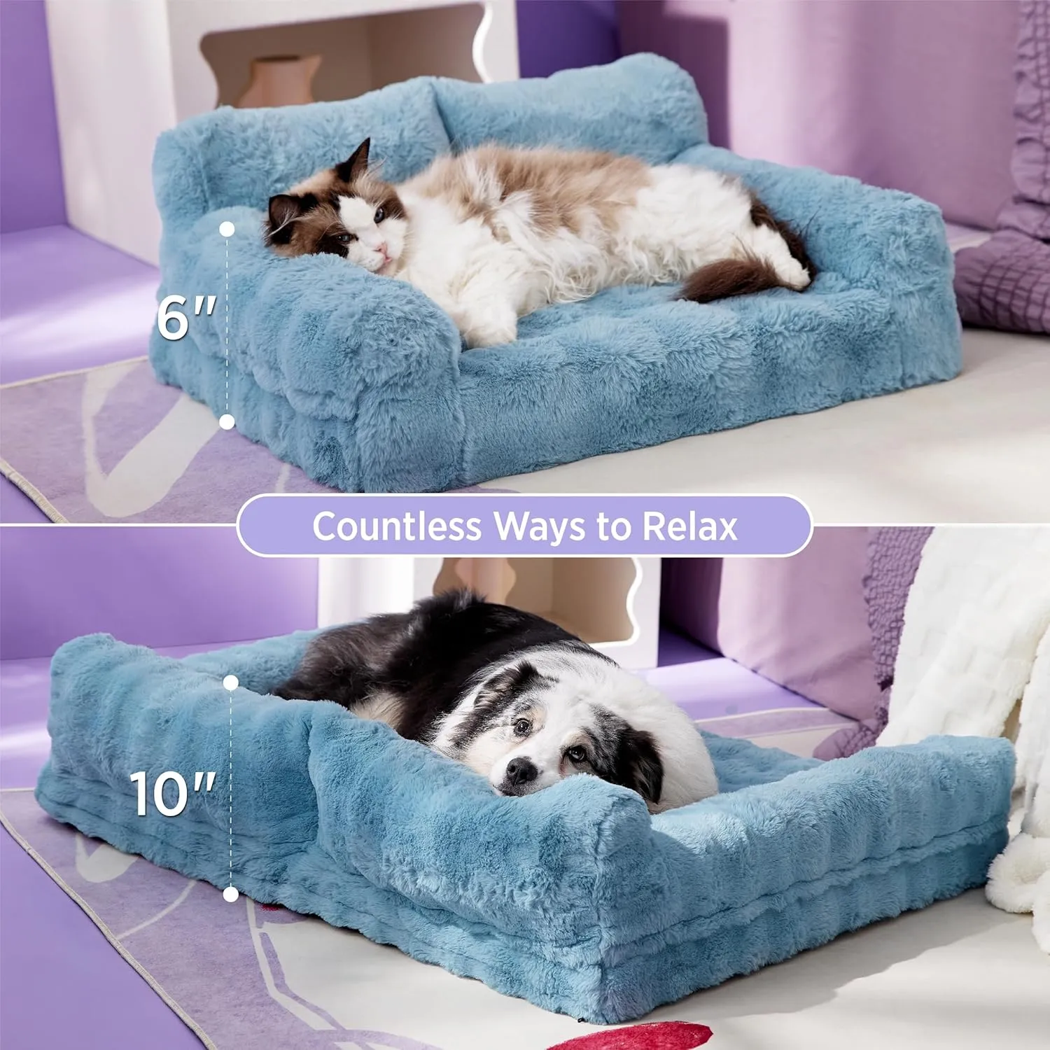 Lesure Orthopedic Bed for Large Dogs, Cute Waterproof Couch with Supportive Egg Foam, Washable Large Cat Sofa, Fluffy Faux Fur Bubble Cover, Non-Slip Bottom Crate Bed, Cerulean