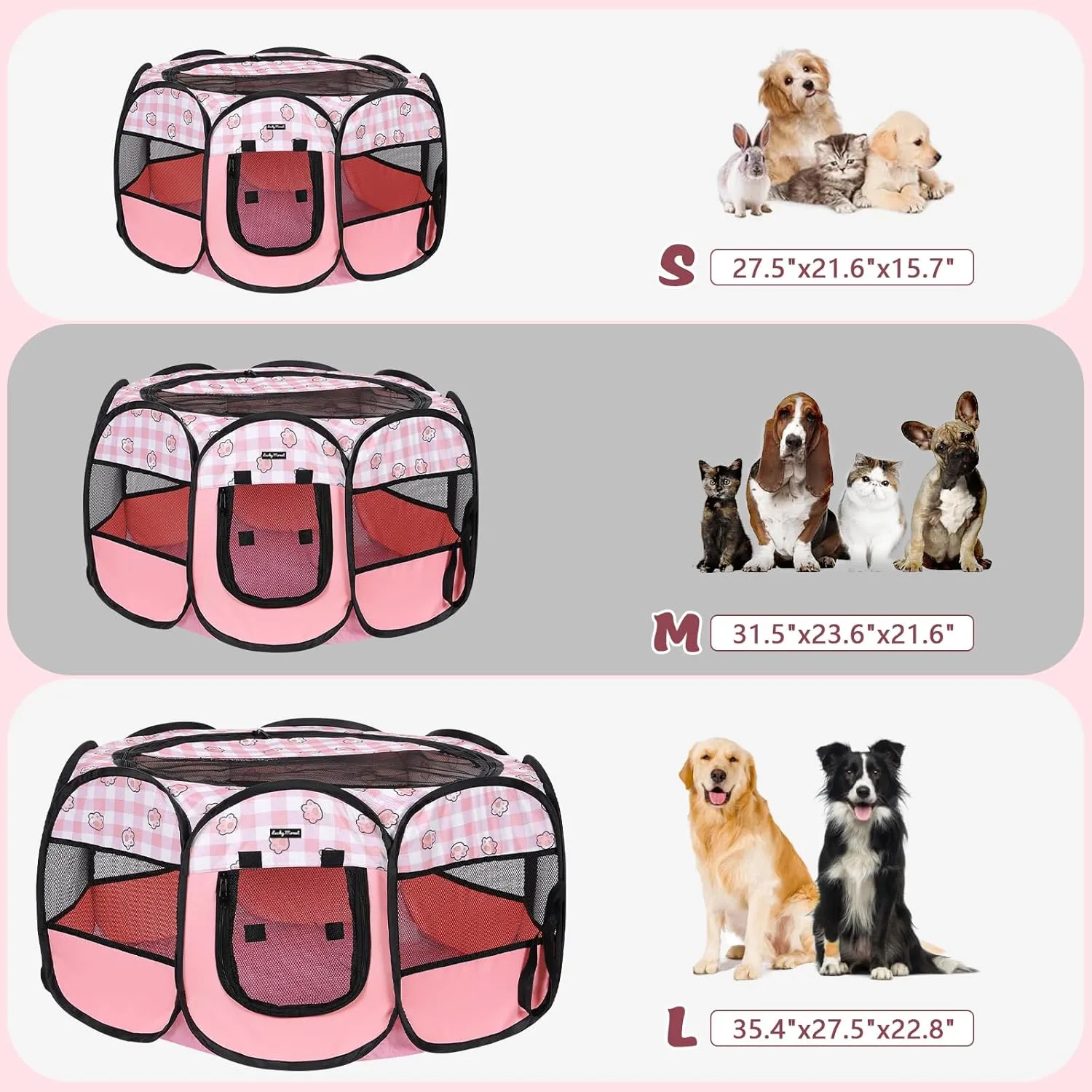 Lucky Monet Foldable Dog Playpen Cat Puppy Playpen Indoor Pop Up Pet Animal Playpen Outdoor Kennel Cage Pen Tent for Small Medium Dog Puppy Cat Kitten Rabbit - Small, Pink