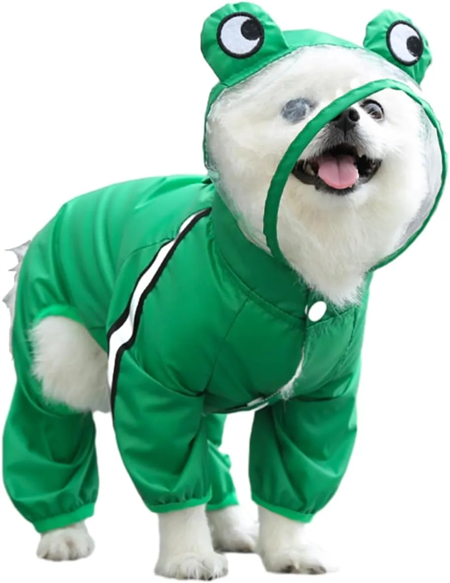 MANON ROSA Dog Raincoat Waterproof & Quick-Drying Puppy Rain Coat with Hood and Leash Hole Cute Hooded Rain Poncho Gear Clothes for Small Medium Large Dogs (Frog,Small)