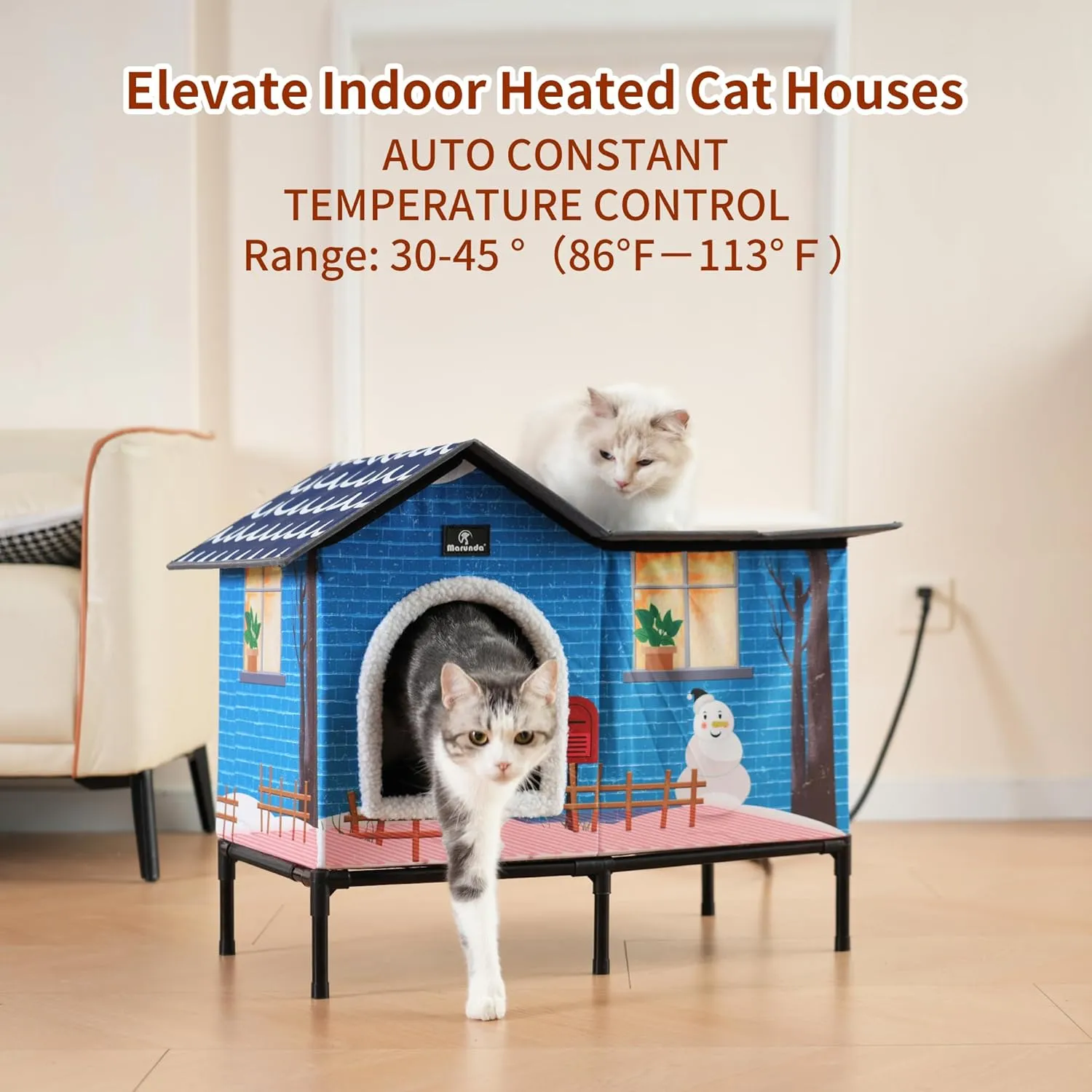 MARUNDA Heated Cat Houses for Outdoor Cats in Winter, Heated cat House for Indoor and Kitty Shelter for Your Pet to Stay Warm and Cozy,Easy to Assemble. (Light Blue, Large)