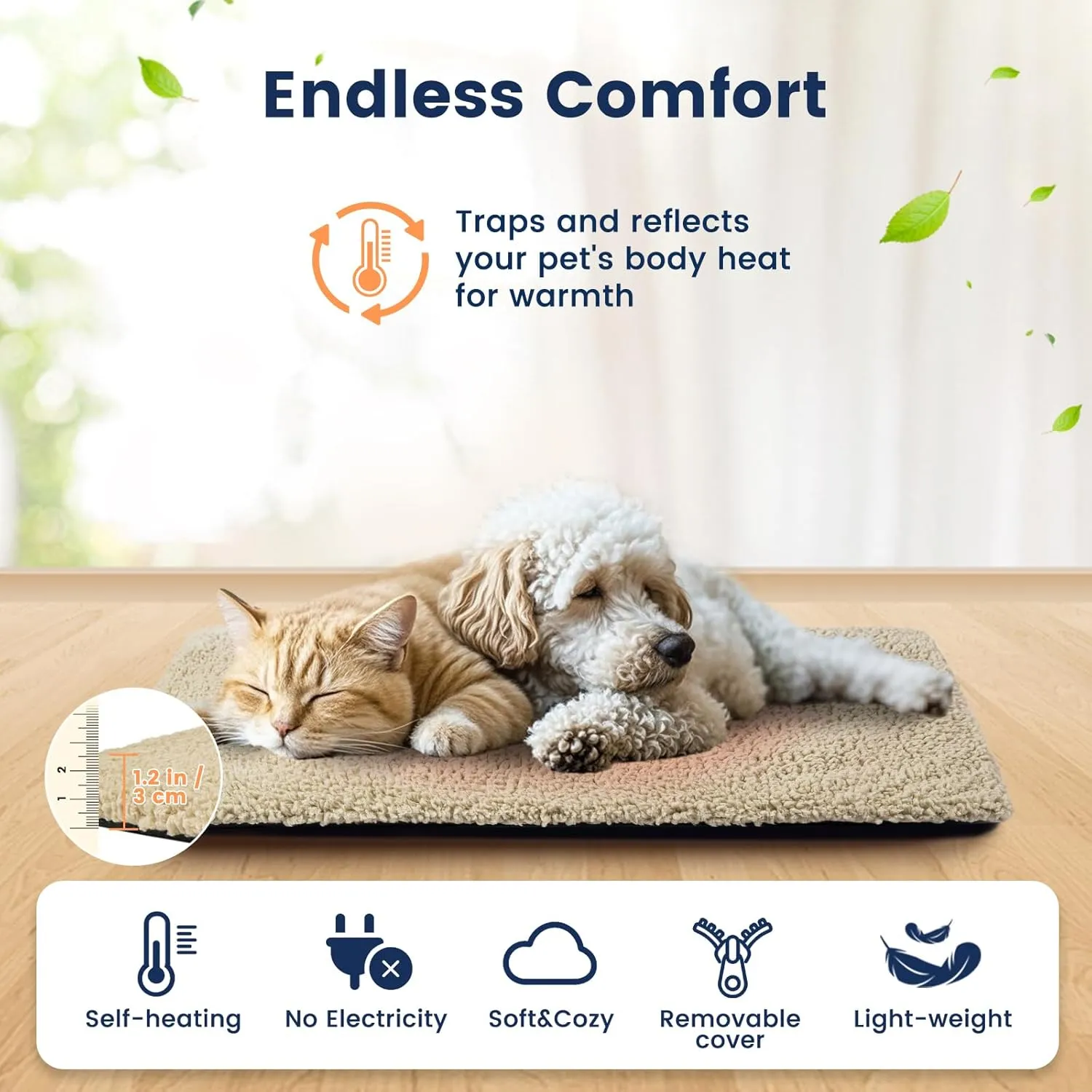 Miguel Cat Bed Self Warming Dog Bed Cat Self Heating Mat for Dog House 30 x 20 inch Non Electric Mat Indoor Thermal Dog Crate Pad, with Removable Washable Cover (Light Brown,M)