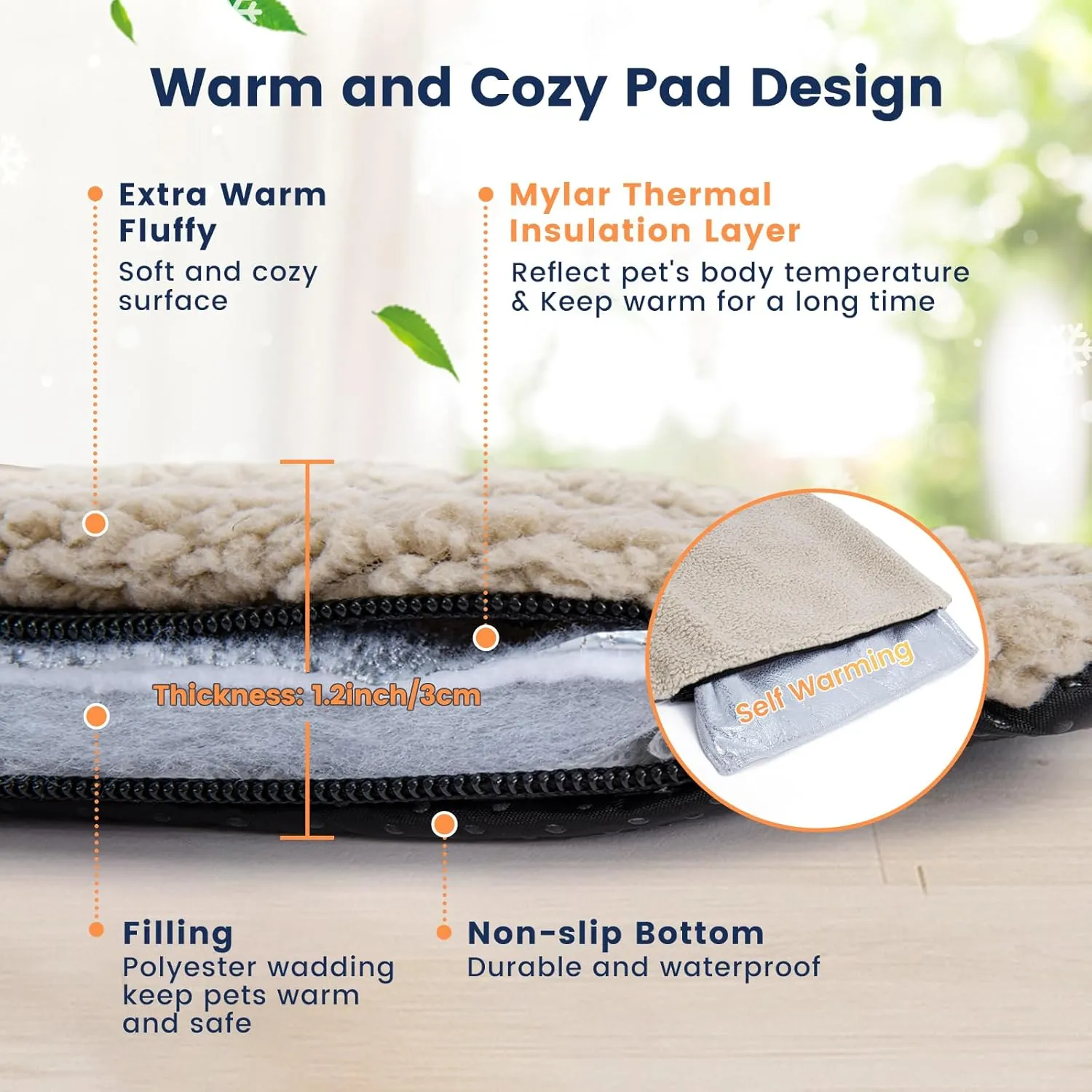 Miguel Cat Bed Self Warming Dog Bed Cat Self Heating Mat for Dog House 30 x 20 inch Non Electric Mat Indoor Thermal Dog Crate Pad, with Removable Washable Cover (Light Brown,M)