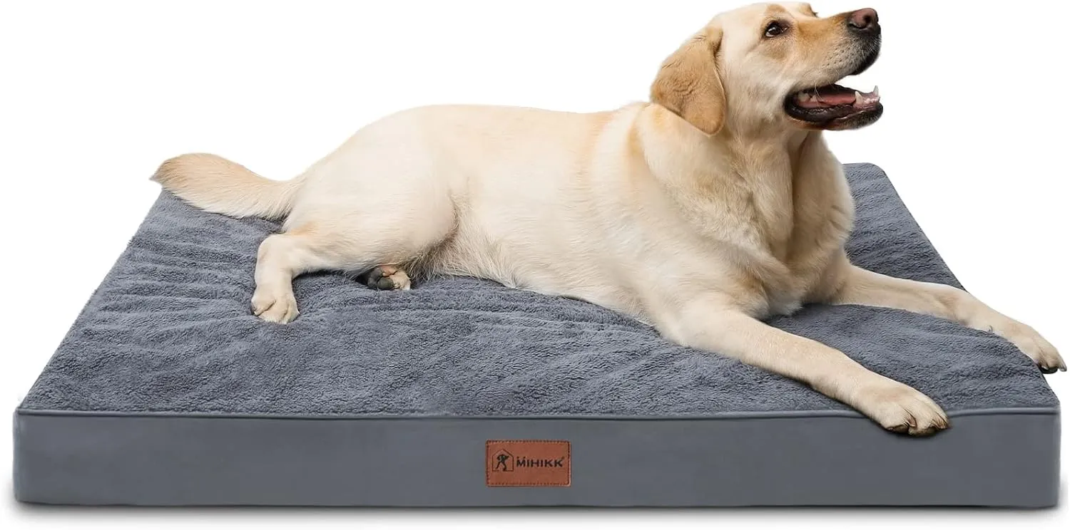 MIHIKK Waterproof Extra Large Dog Bed Orthopedic Dog Beds for Crate with Removable Washable Cover Egg-Crate Foam Pet Pad Mat with Anti-Slip Bottom, 53x36 Inch, Grey