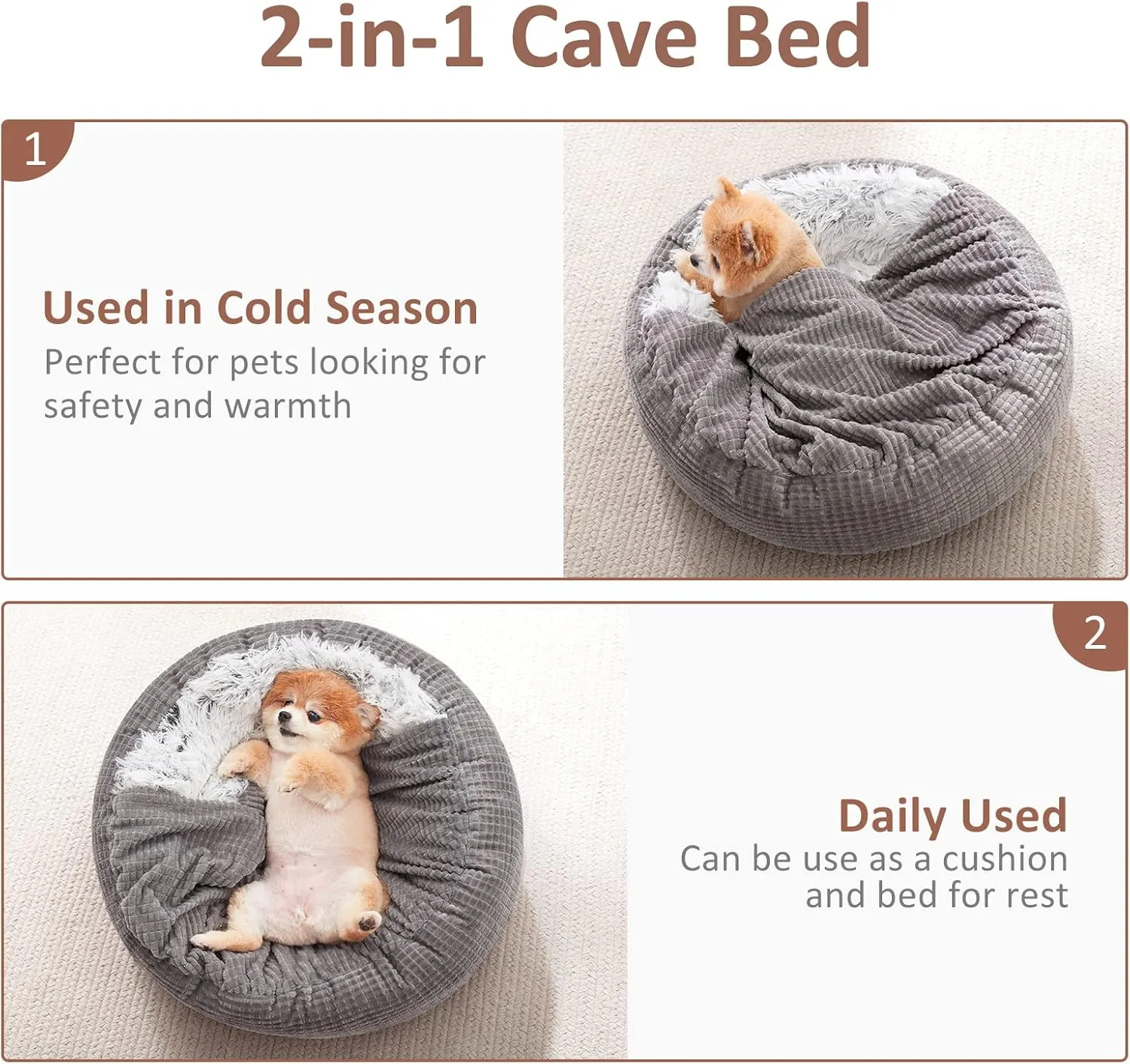 MIXJOY Small Dog Bed with Blanket, Round Calming Cozy Cave for Puppies, Soft Plush Cuddler, Anti-Slip Bottom, 23inch