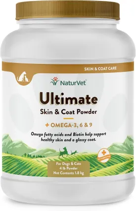 NaturVet Ultimate Skin & Coat Powder Pet Supplement for Dogs & Cats  Includes Omegas 3, 6, 9, Biotin, Vitamins  For Healthy Dog Coats, Cat Skin  Tasty Food Topper for Pets  4 lbs.