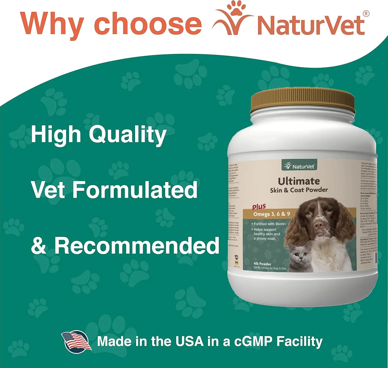 NaturVet Ultimate Skin & Coat Powder Pet Supplement for Dogs & Cats  Includes Omegas 3, 6, 9, Biotin, Vitamins  For Healthy Dog Coats, Cat Skin  Tasty Food Topper for Pets  4 lbs.