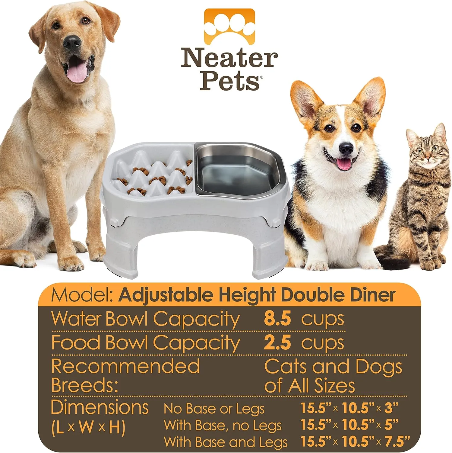 Neater Pet Brands  Neater Raised Slow Feeder Dog Bowl  Elevated and Adjustable Food Height - (Double Diner/w Metal Bowl, Vanilla Bean)