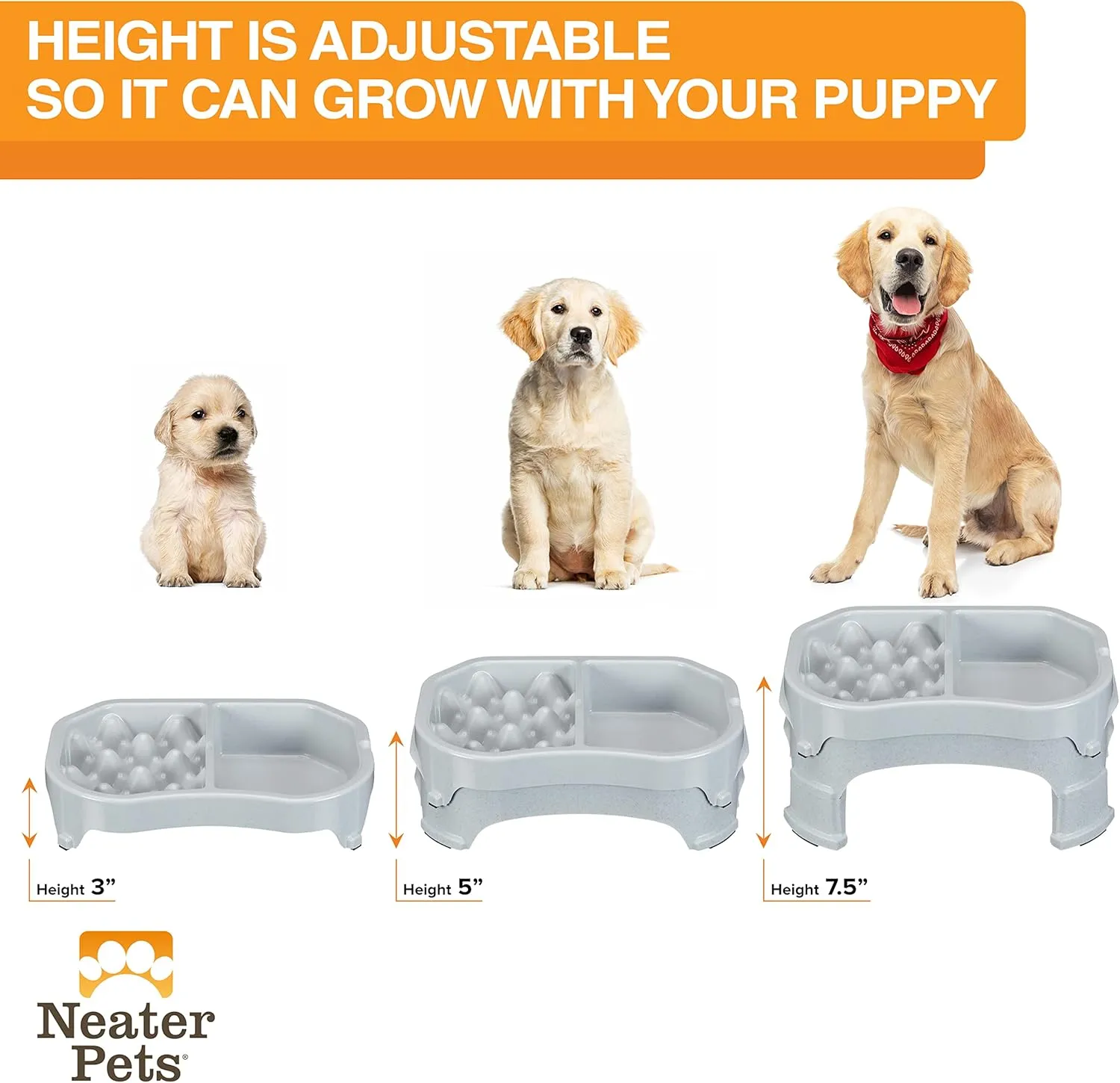 Neater Pet Brands  Neater Raised Slow Feeder Dog Bowl  Elevated and Adjustable Food Height - (Double Diner/w Metal Bowl, Vanilla Bean)