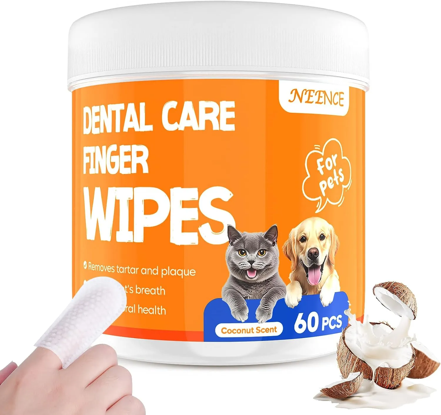 NEENCE Dog Dental Care Finger Wipes 60 Count, Pet Teeth Cleaning Wipes for Dogs & Cats to Remove Plaque & Tartar, Keeps Freshens Breath,Cat Wipes,Pet Wipes for Dogs-Coconut Scent
