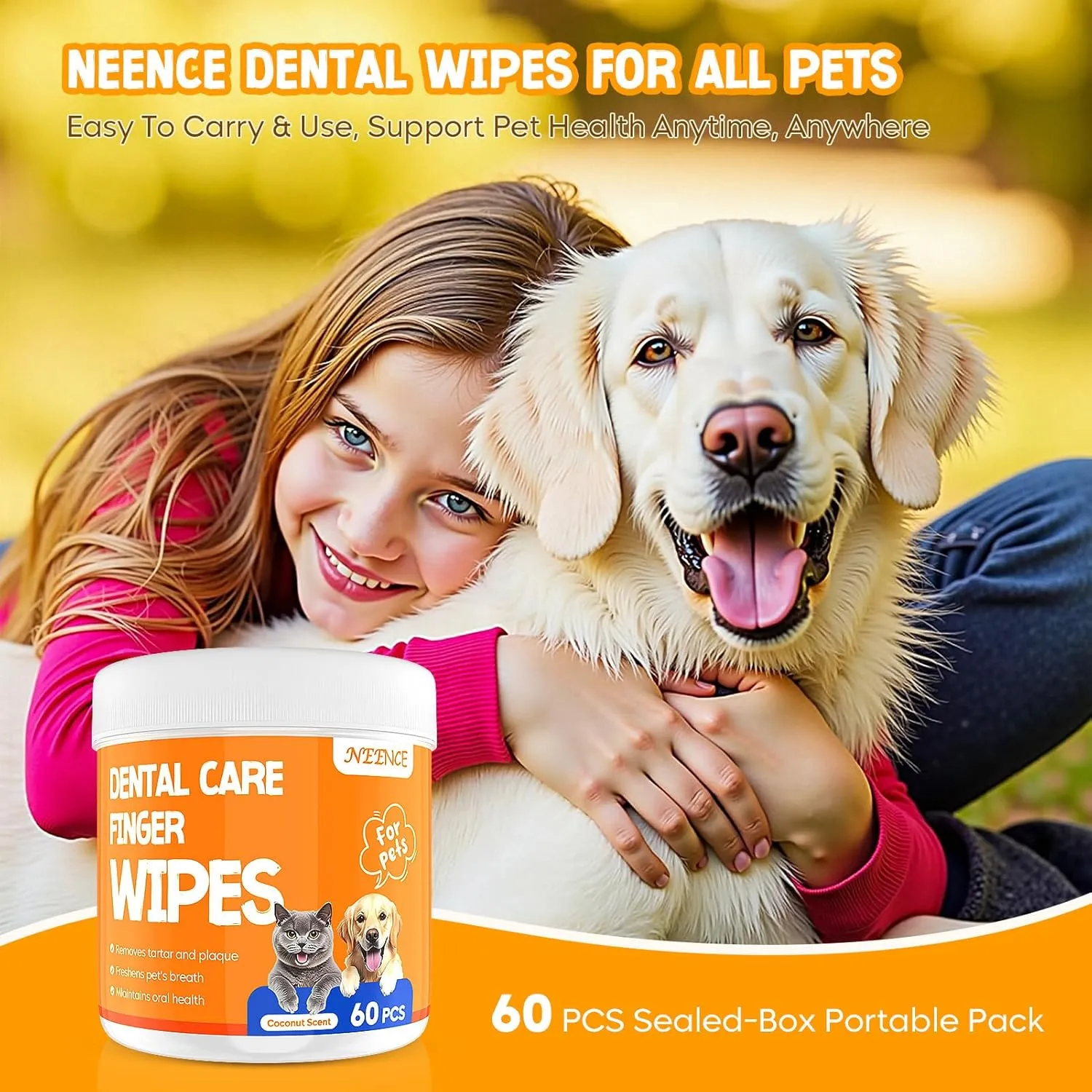 NEENCE Dog Dental Care Finger Wipes 60 Count, Pet Teeth Cleaning Wipes for Dogs & Cats to Remove Plaque & Tartar, Keeps Freshens Breath,Cat Wipes,Pet Wipes for Dogs-Coconut Scent