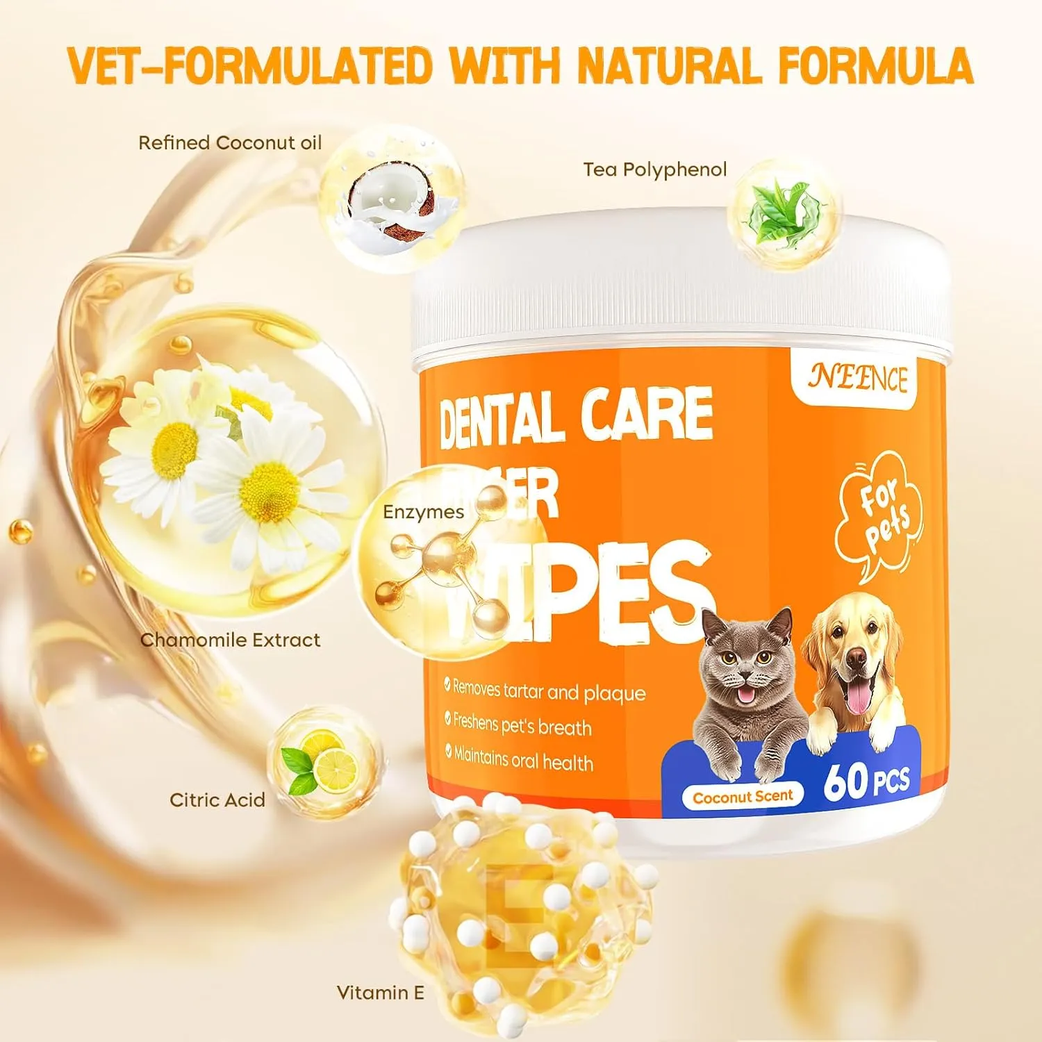 NEENCE Dog Dental Care Finger Wipes 60 Count, Pet Teeth Cleaning Wipes for Dogs & Cats to Remove Plaque & Tartar, Keeps Freshens Breath,Cat Wipes,Pet Wipes for Dogs-Coconut Scent