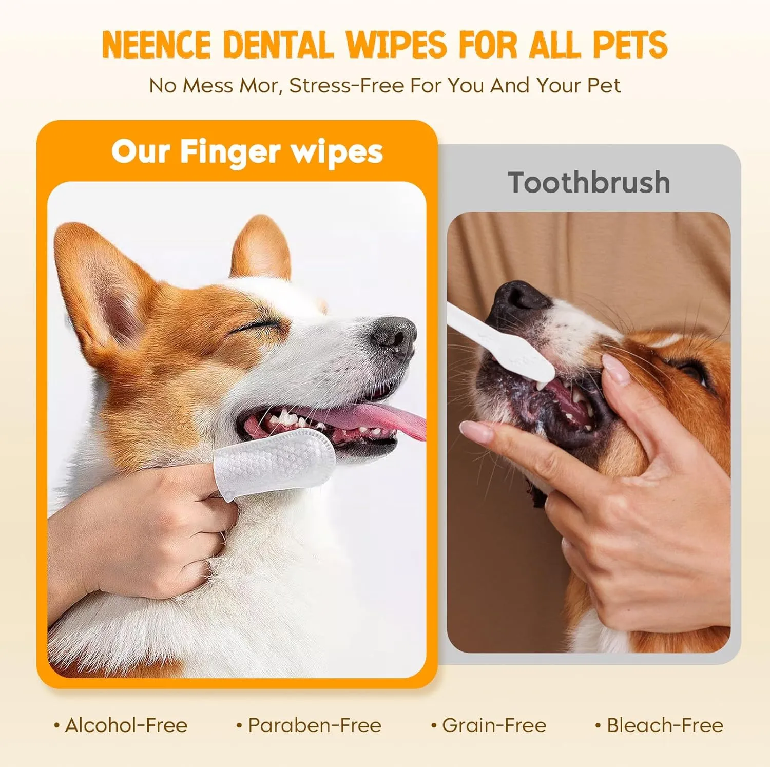 NEENCE Dog Dental Care Finger Wipes 60 Count, Pet Teeth Cleaning Wipes for Dogs & Cats to Remove Plaque & Tartar, Keeps Freshens Breath,Cat Wipes,Pet Wipes for Dogs-Coconut Scent