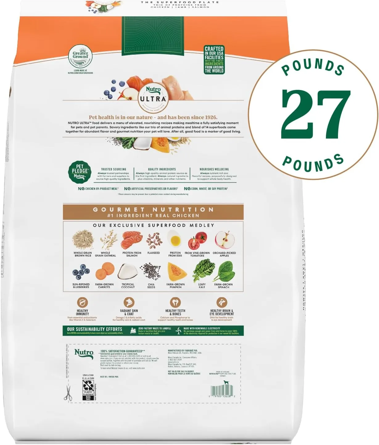 Nutro Ultra High Protein Dry Puppy Food, Trio of Proteins from Chicken, Lamb and Salmon, 27 lb. Bag