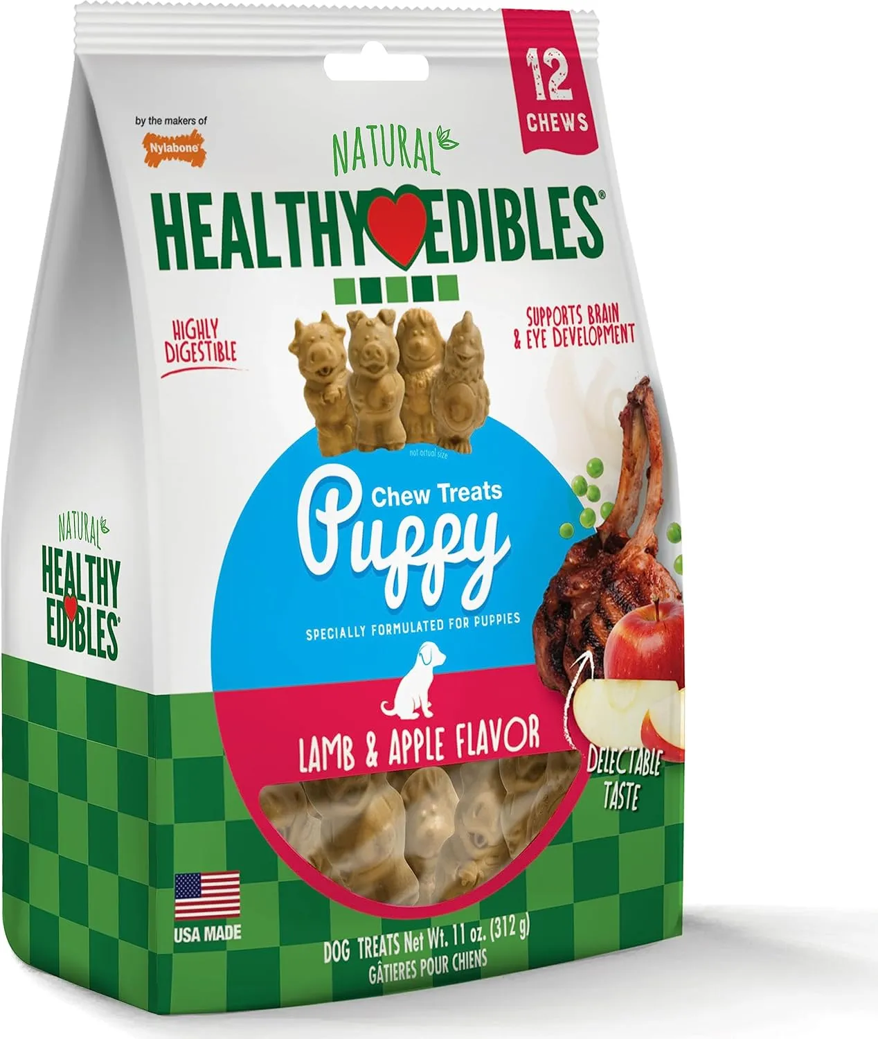 Nylabone Healthy Edibles Natural Puppy Chews Long Lasting Treats for Puppies, Lamb & Apple Flavor, Small/Regular (12 Count)