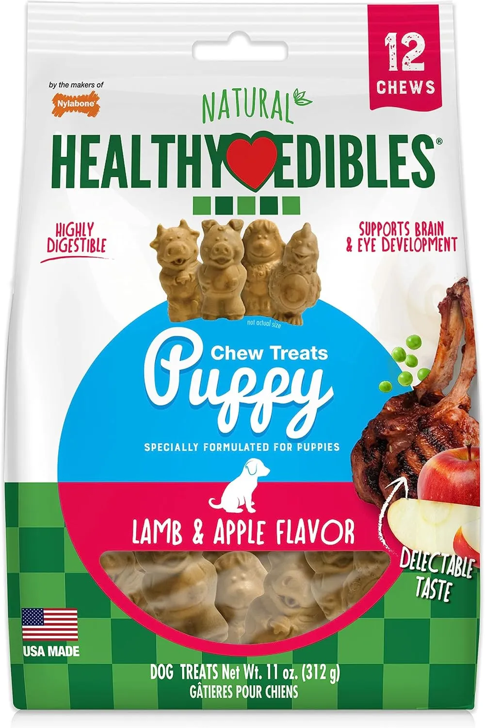 Nylabone Healthy Edibles Natural Puppy Chews Long Lasting Treats for Puppies, Lamb & Apple Flavor, Small/Regular (12 Count)