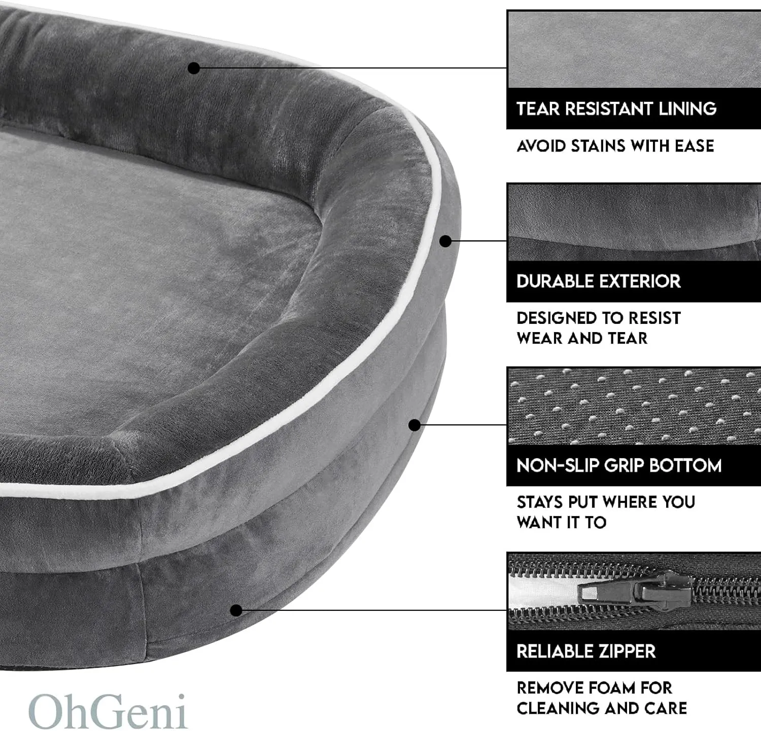 OhGeni Orthopedic Dog Couch Large Sized Pet Beds for Fathers Gifts with Comfort Foam Support, Soft Indestructible Fabric, Machine Washable Waterproof Removable Cover, 35-Inch (Gray)