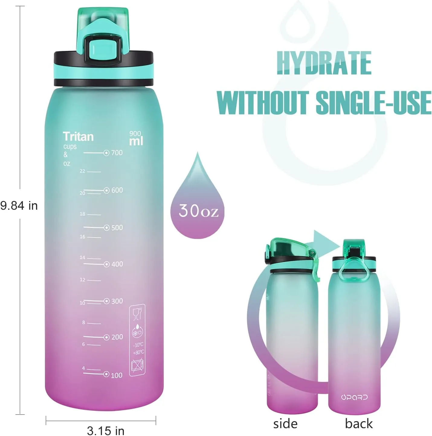 Opard 30oz/32oz Sports Water Bottle with Leak Proof Flip Top Lid BPA Free Tritan Reusable Plastic for Gym and Outdoor, Travel Water Bottle with Straw