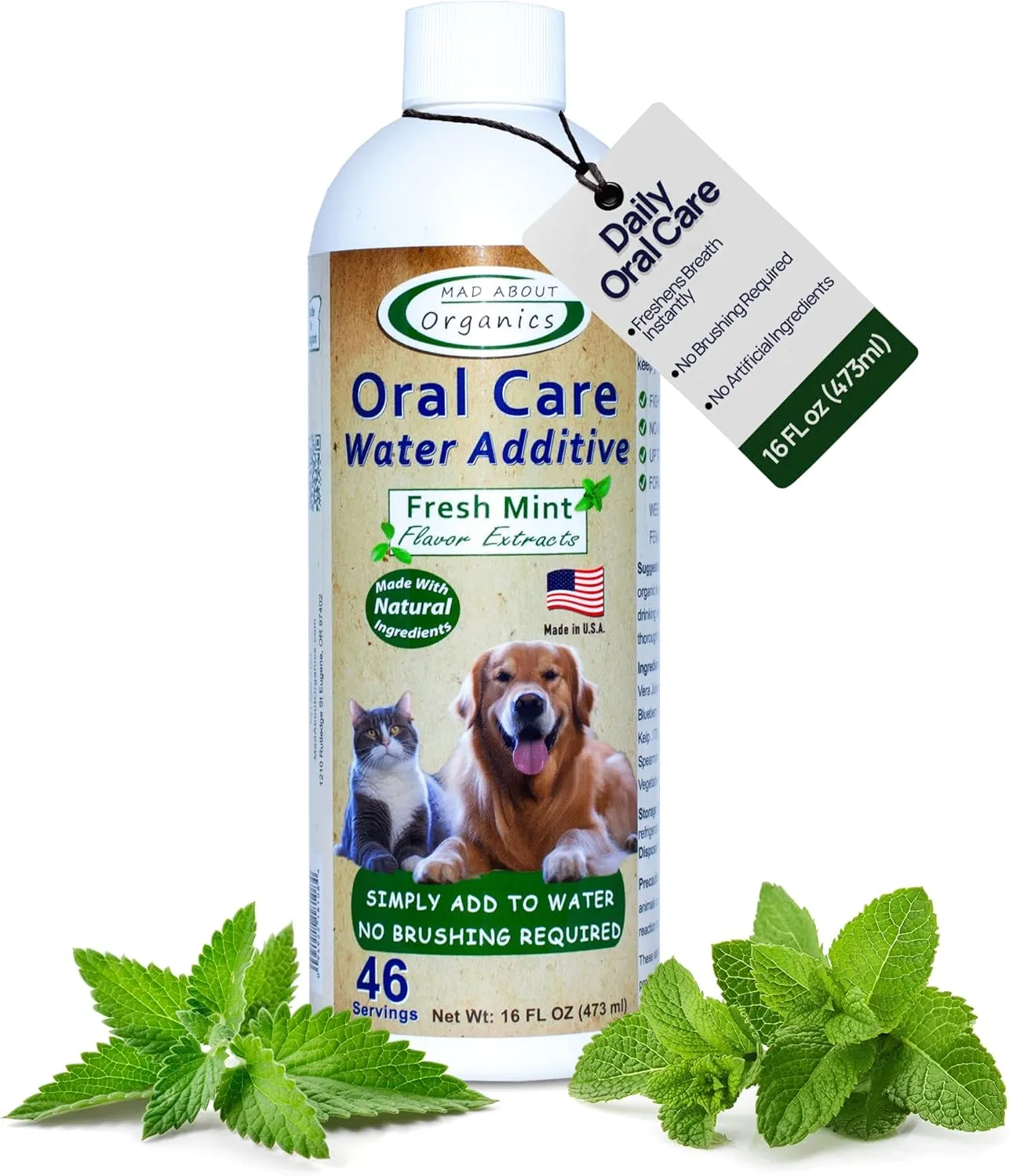 Oral Care Water Additive for Cats & Dogs  Gentle Dental Support  Reduces Breath Odors, Promotes Gum Health  No Brushing  Convenient for Daily Use, Fresh Mint Flavor, 16 FL oz
