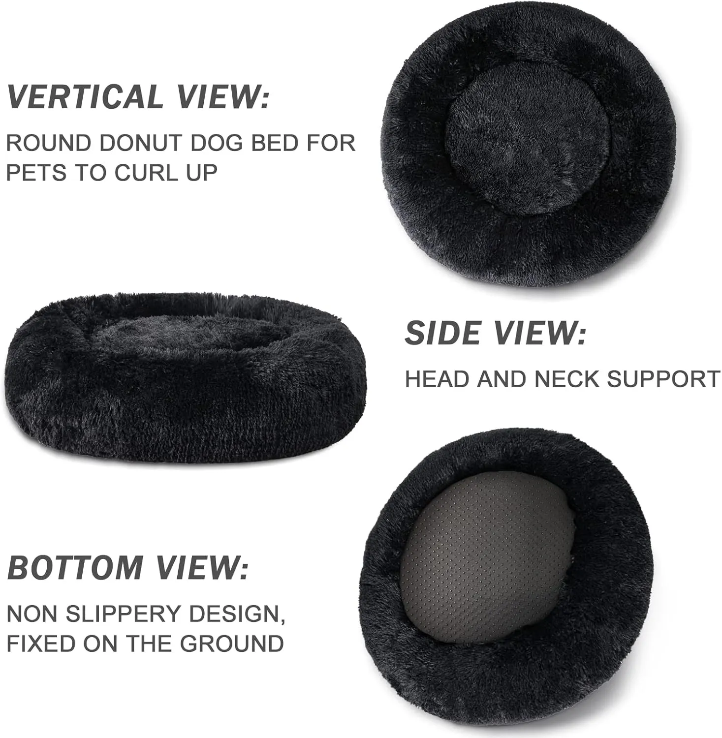 Patas Lague Calming Dog Bed for Medium Dogs, Fluffy Soft Cozy Cat Bed, Faux Fur Anti-Anxiety Plush Washable Pet Donut Cuddler for All Seasons 24IN, Black