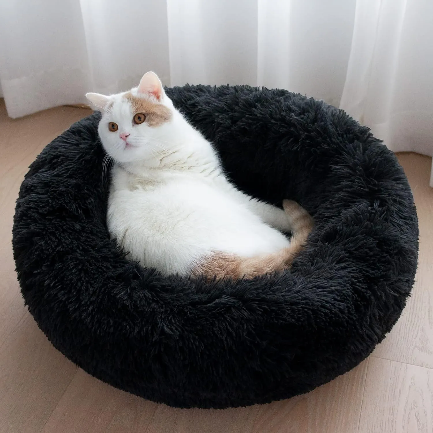 Patas Lague Calming Dog Bed for Medium Dogs, Fluffy Soft Cozy Cat Bed, Faux Fur Anti-Anxiety Plush Washable Pet Donut Cuddler for All Seasons 24IN, Black