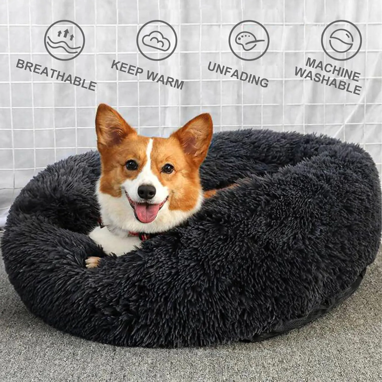Patas Lague Calming Dog Bed for Medium Dogs, Fluffy Soft Cozy Cat Bed, Faux Fur Anti-Anxiety Plush Washable Pet Donut Cuddler for All Seasons 24IN, Black