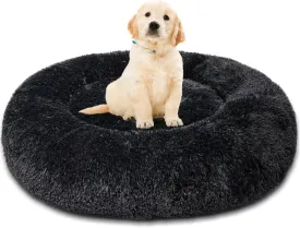 Patas Lague Calming Dog Bed for Medium Dogs, Fluffy Soft Cozy Cat Bed, Faux Fur Anti-Anxiety Plush Washable Pet Donut Cuddler for All Seasons 24IN, Black