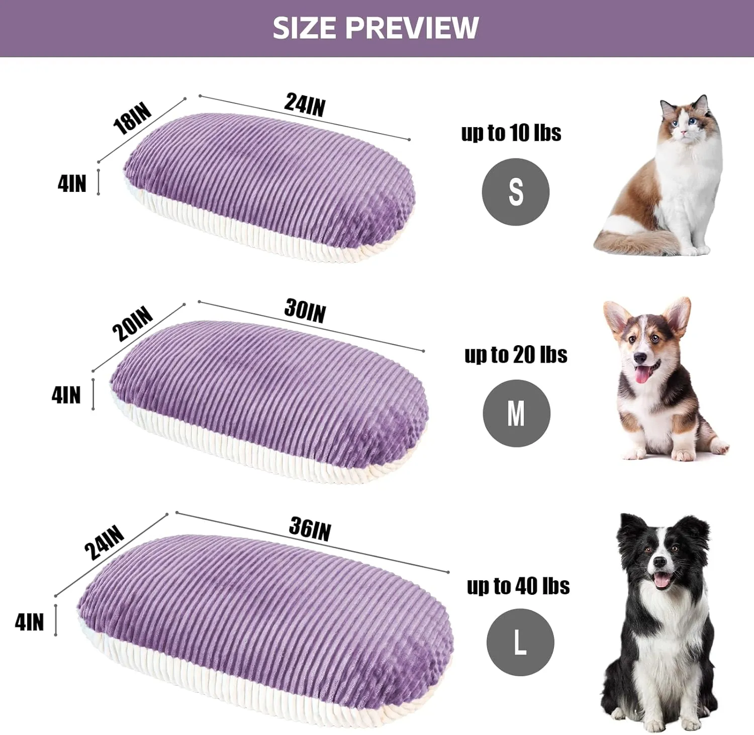 Patas Lague Reversible Orthopedic Dog Bed for Small Dogs 24''x18'', Memory Foam Supportive Therapy Fillings Deep Sleep Pet Beds with Removable Cover Soft Warm Washable Cat Cuddler Purple