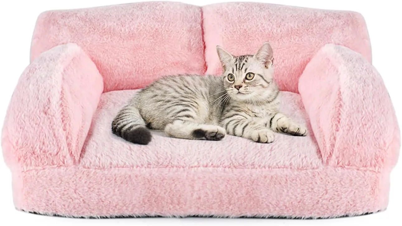 Pawstrip Soft Pink Cat Couch Dog Bed Washable Pet Sofa Fluffy Kitten Sleeping Cushion Cute Cat Couches for Indoor Cats Self Warming Princess Puppy Bed for Small Dogs