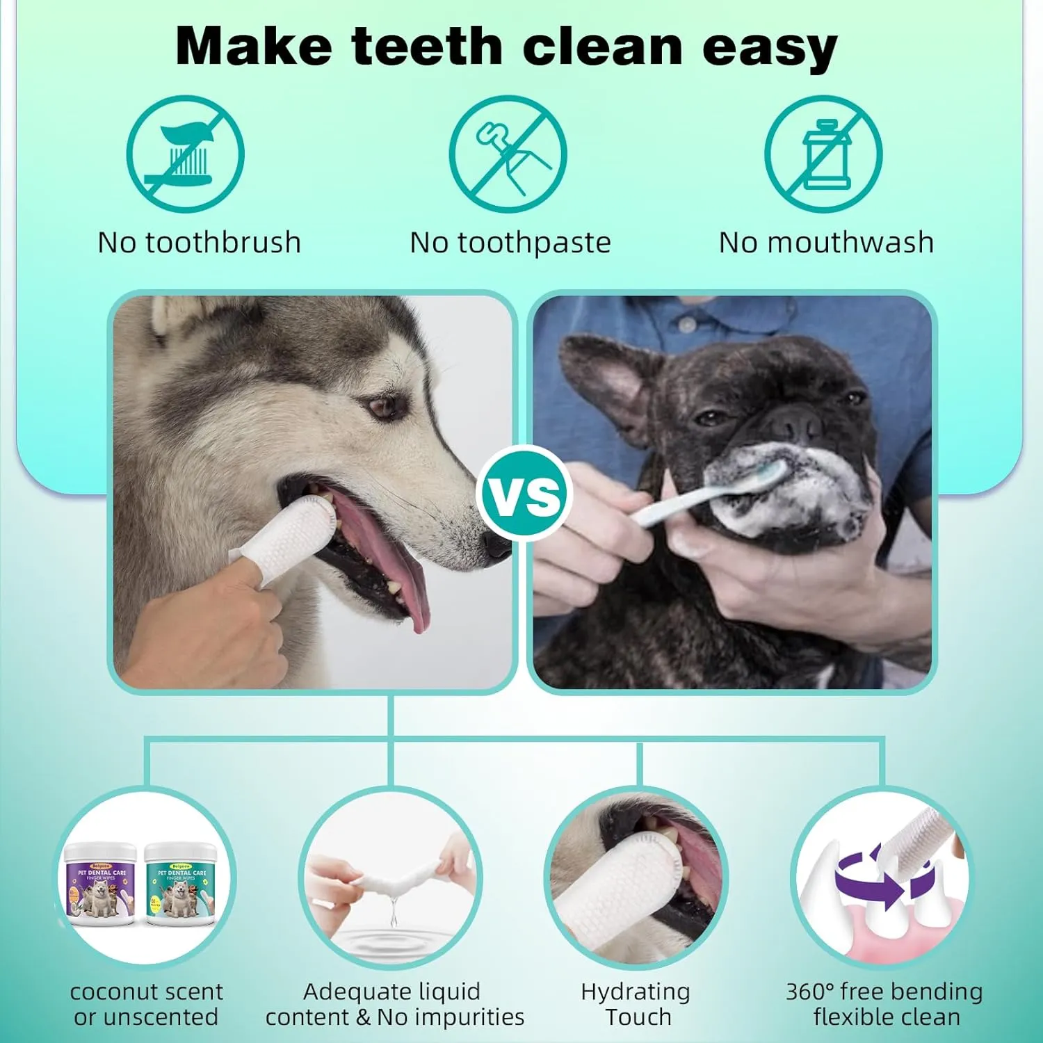 Pet Dental Finger Wipes for Dogs & Cats - Dog & Cat Finger Toothbrush - Remove Plaque & Tartar - Freshens Breath - Dog Teeth Cleaning Wipes(1.77" Wide (60 Count), Unscented)