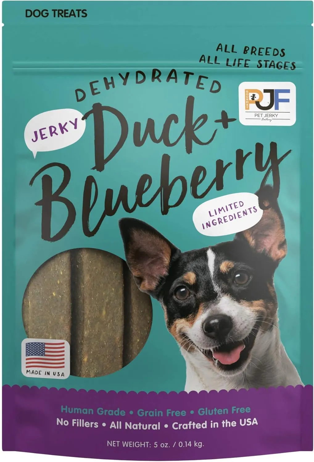 Pet Jerky Factory Premium Duck and Blueberry 5 oz. Dog Jerky Treats | 100% Human Grade | USA Made | High Protein | Grain Free | Limited Ingredients | No Filler | BHA-BHT Free | Soft-Tender